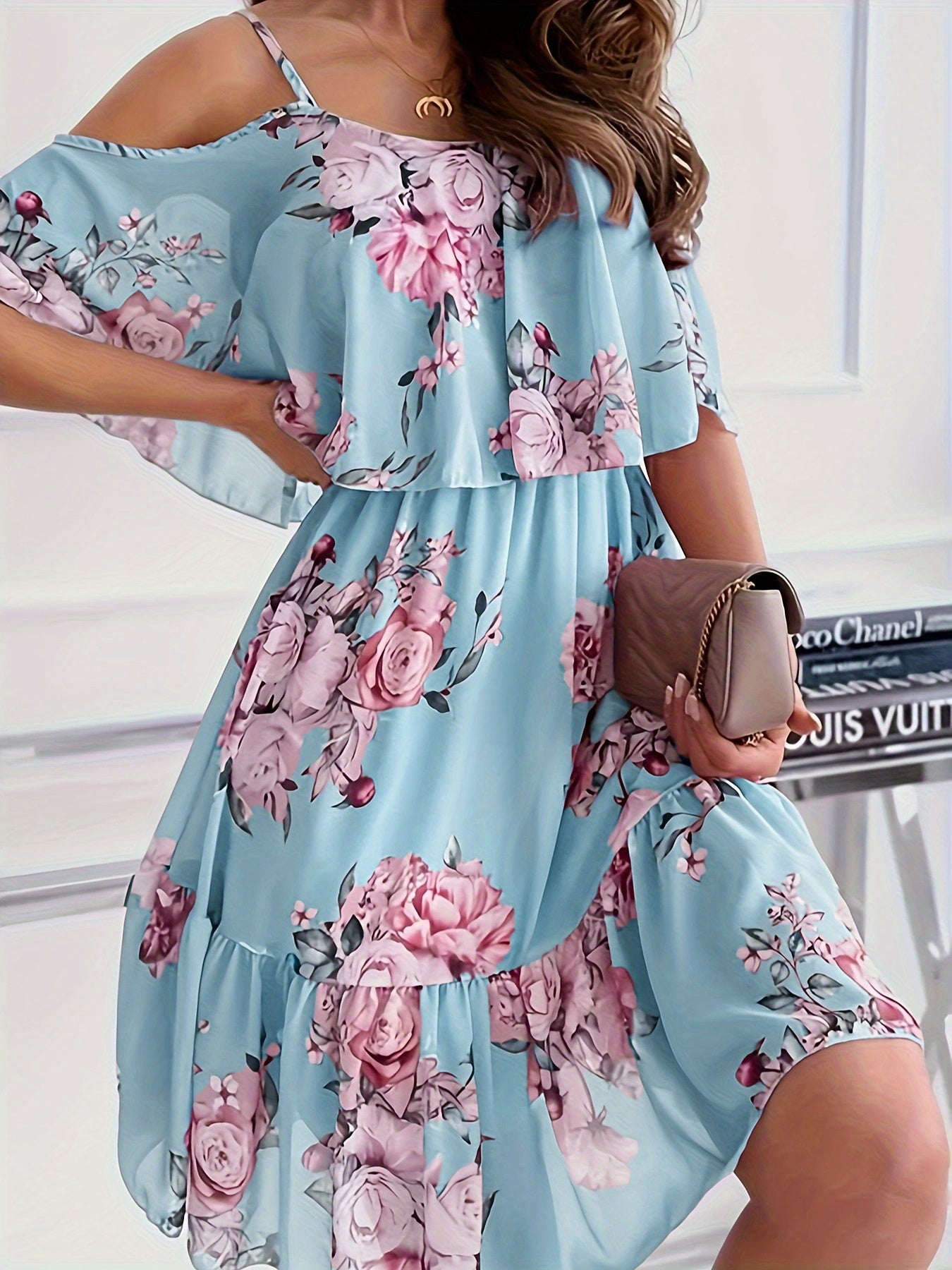 Autumn Sweet Floral Spaghetti Strap One-Shoulder Ruffle Hem Short Chiffon Fairy Dress New Arrival