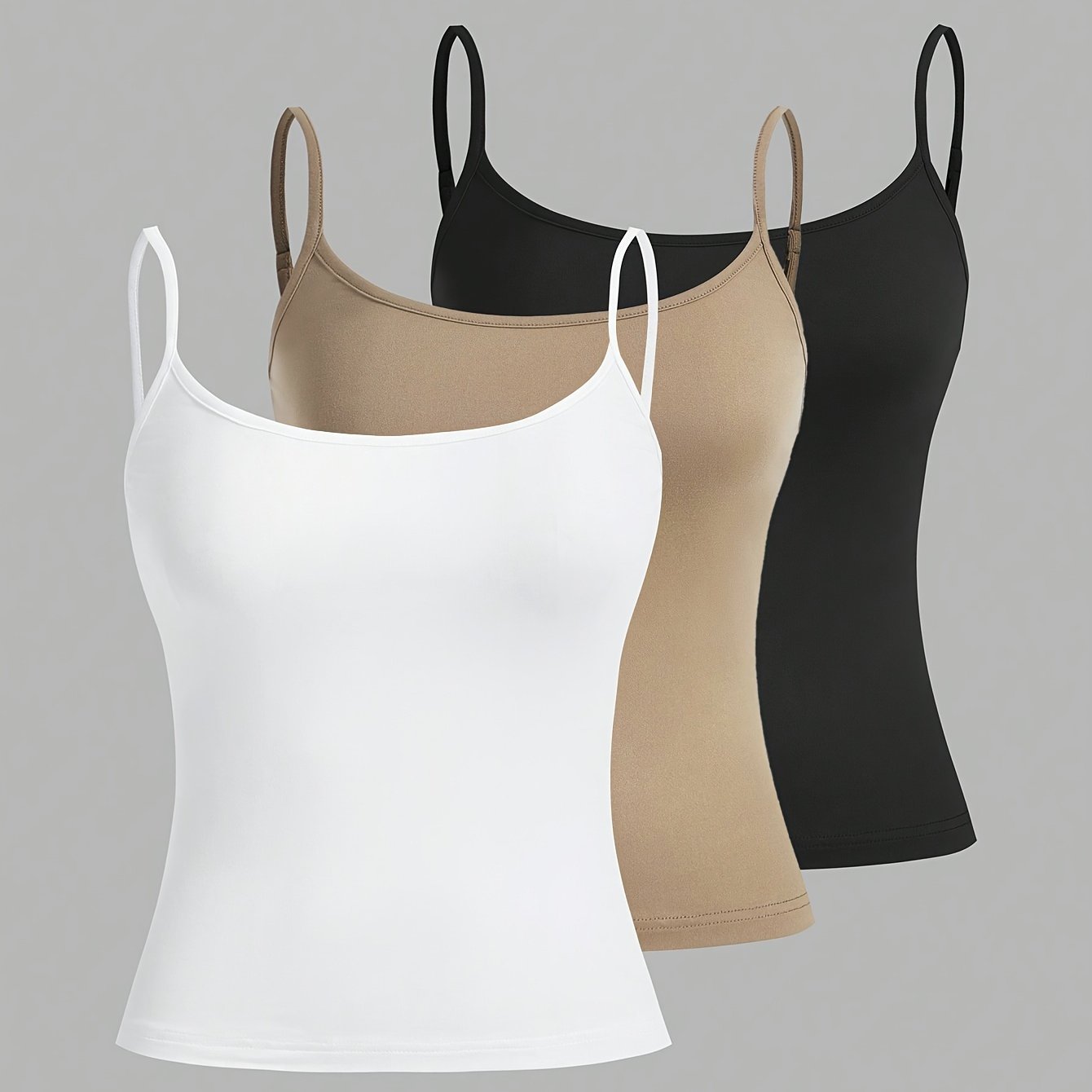 Women's Sexy Polyester Camisole Tops - Pack of 3, Knit Fabric Slingback Tank Tops with Off the Shoulder Collar, Solid Color Stretch Camis for All Seasons - 95% Polyester, 5% Elastane