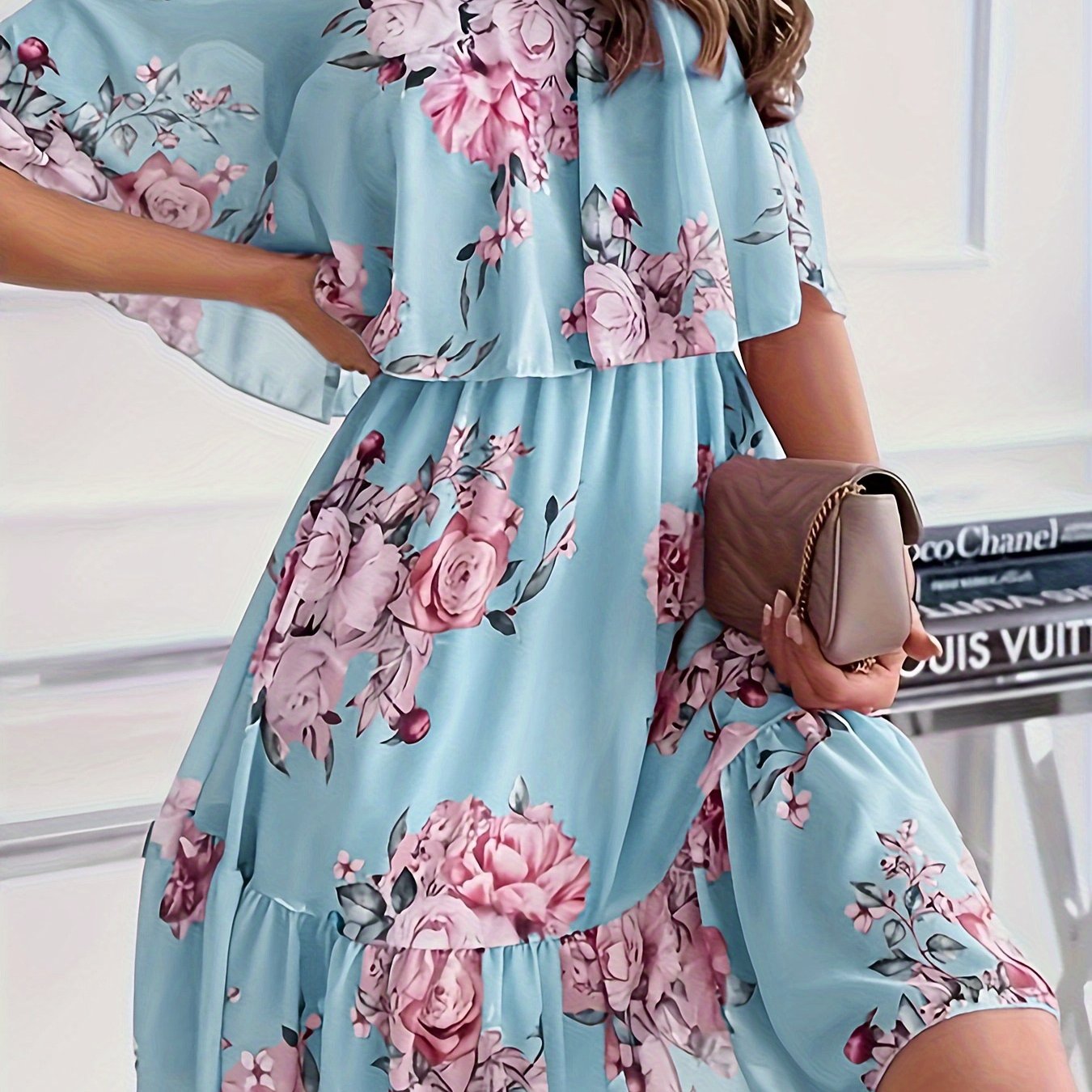 Autumn Sweet Floral Spaghetti Strap One-Shoulder Ruffle Hem Short Chiffon Fairy Dress New Arrival