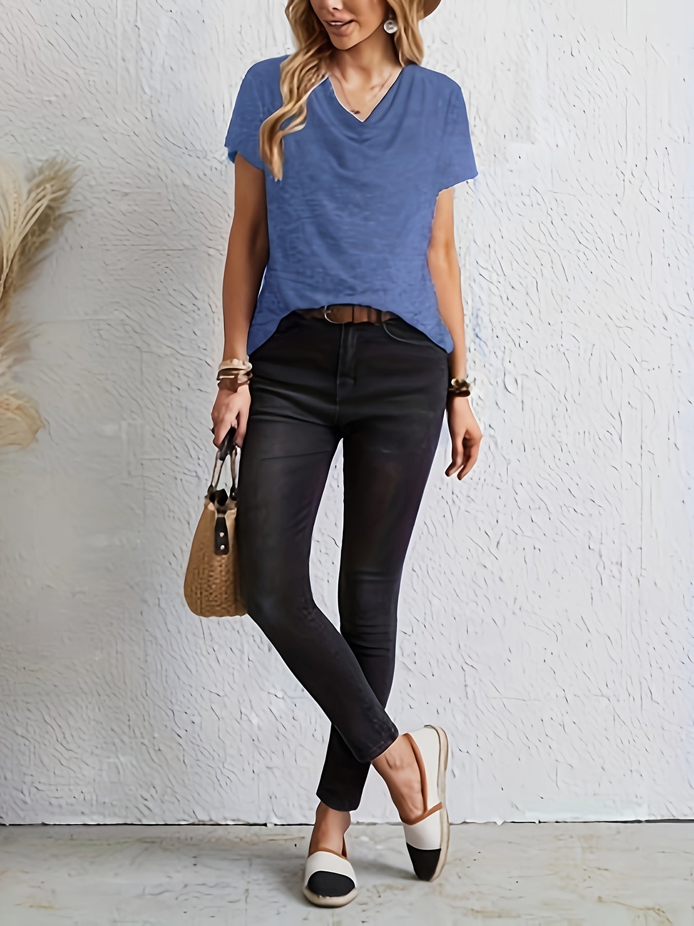 Women's Casual High-Stretch Drop Neck Short Sleeve T-Shirt - Soft Fabric, Solid Color, Machine Washable, All-Season Comfort Fit