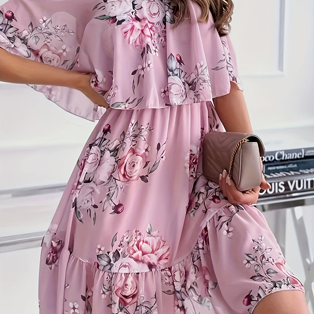 Autumn Sweet Floral Spaghetti Strap One-Shoulder Ruffle Hem Short Chiffon Fairy Dress New Arrival