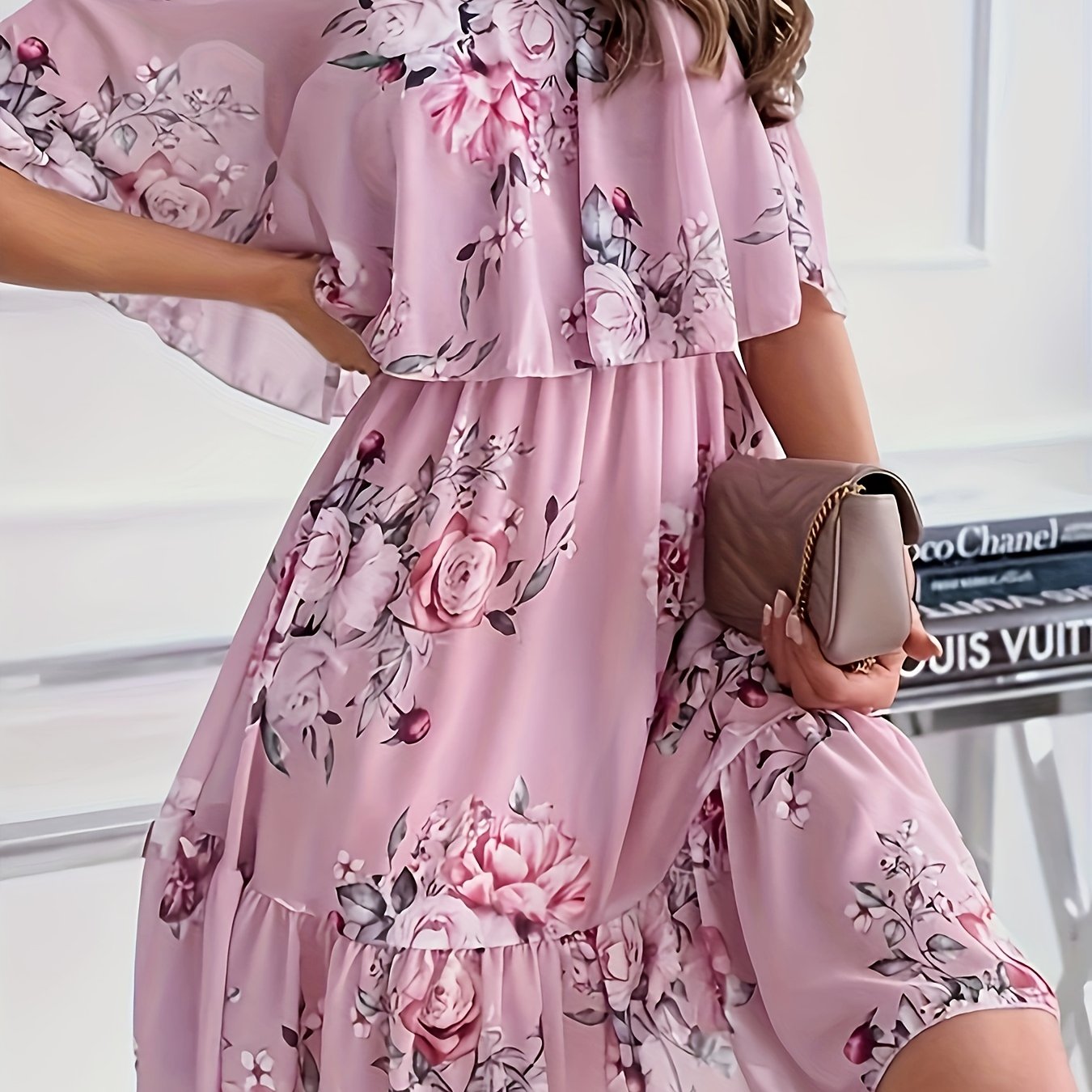 Autumn Sweet Floral Spaghetti Strap One-Shoulder Ruffle Hem Short Chiffon Fairy Dress New Arrival