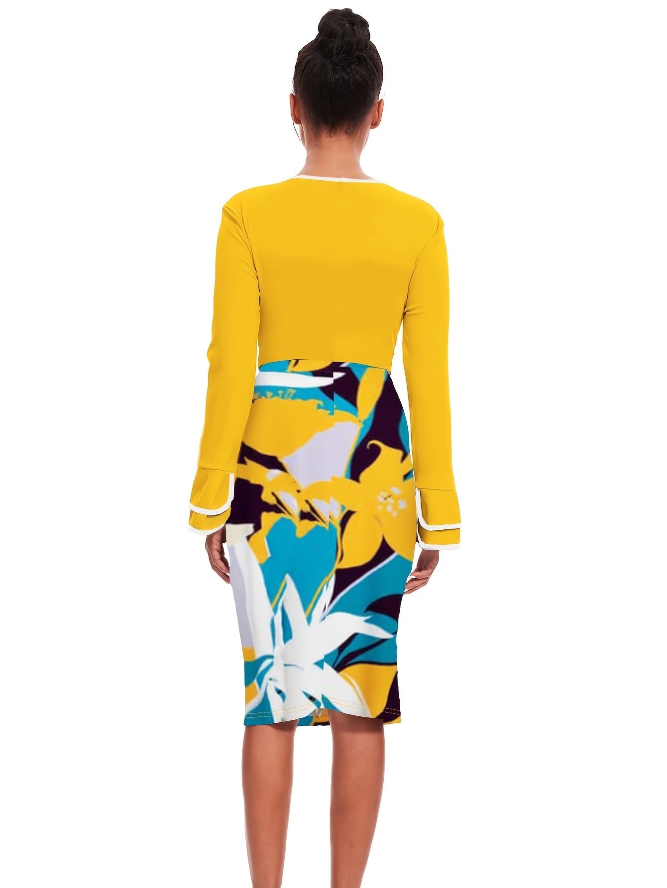 Elegant Long Sleeve Floral Print Wrap Dress with Contrast Trim - Bodycon Style, Sleeveless, All-Season Wear, Adult Women'S Fashion, Sleeveless Dress | Floral Print Dress | Stretchy Fabric