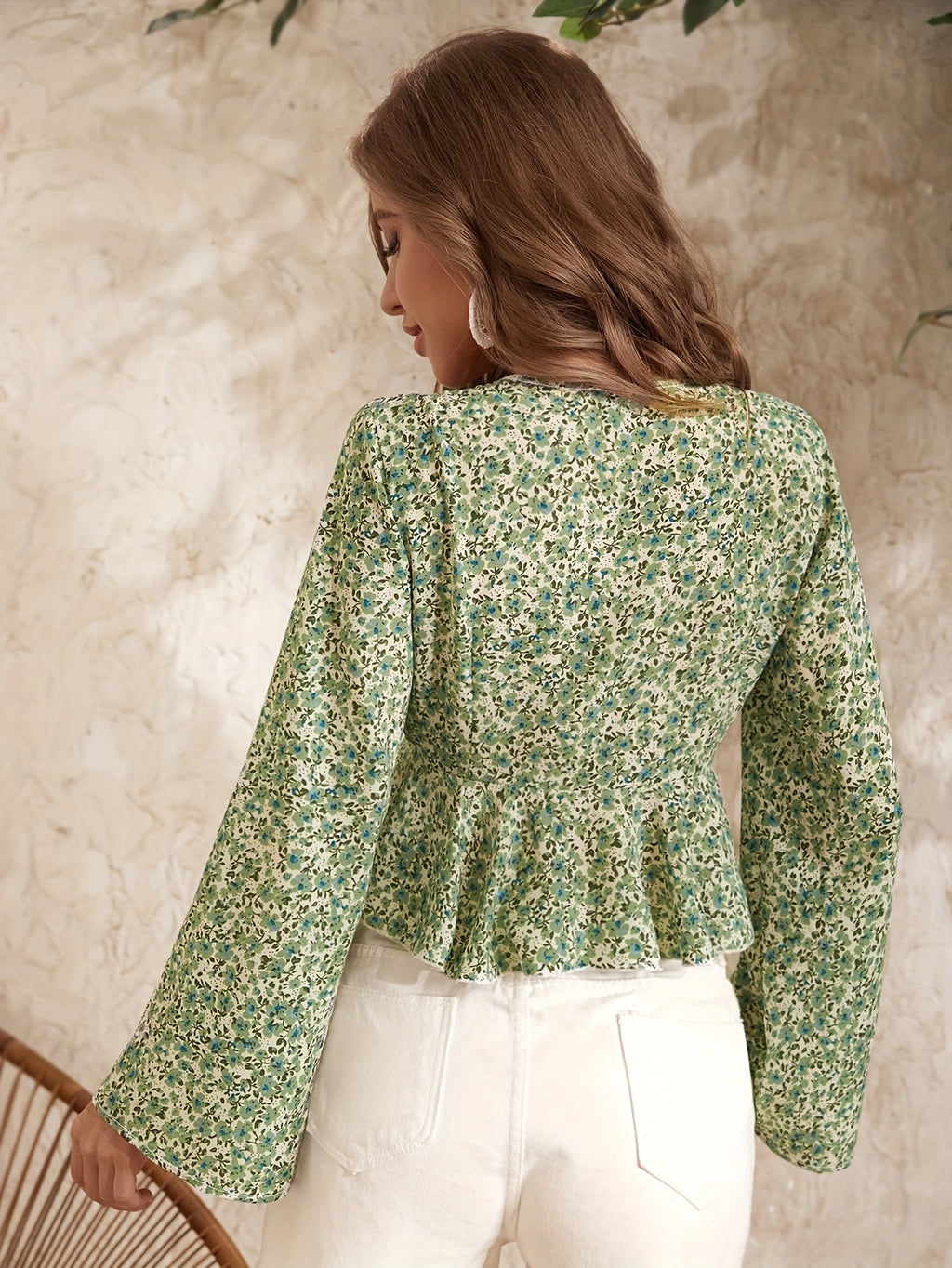 French floral lace-up bell sleeve ruffle hem top elegant Women's wear