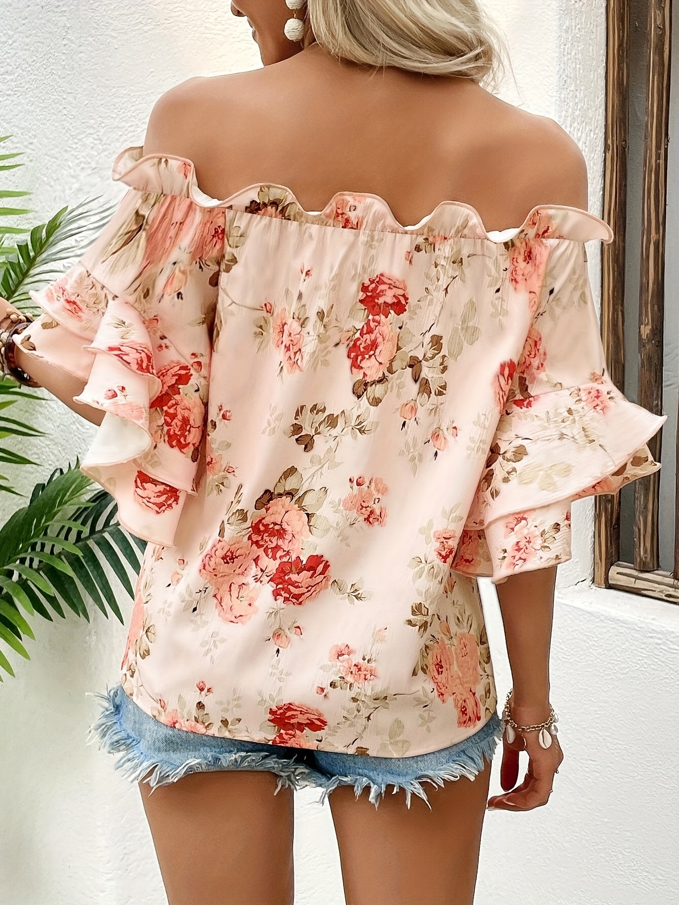 Women'S Floral Off-Shoulder Ruffle Top - Pink with Peach and Green Floral Print, Short Sleeves, Perfect for Spring\u002FSummer, Casual Summer Top|Floral Print Top|Ruffle Detail Top