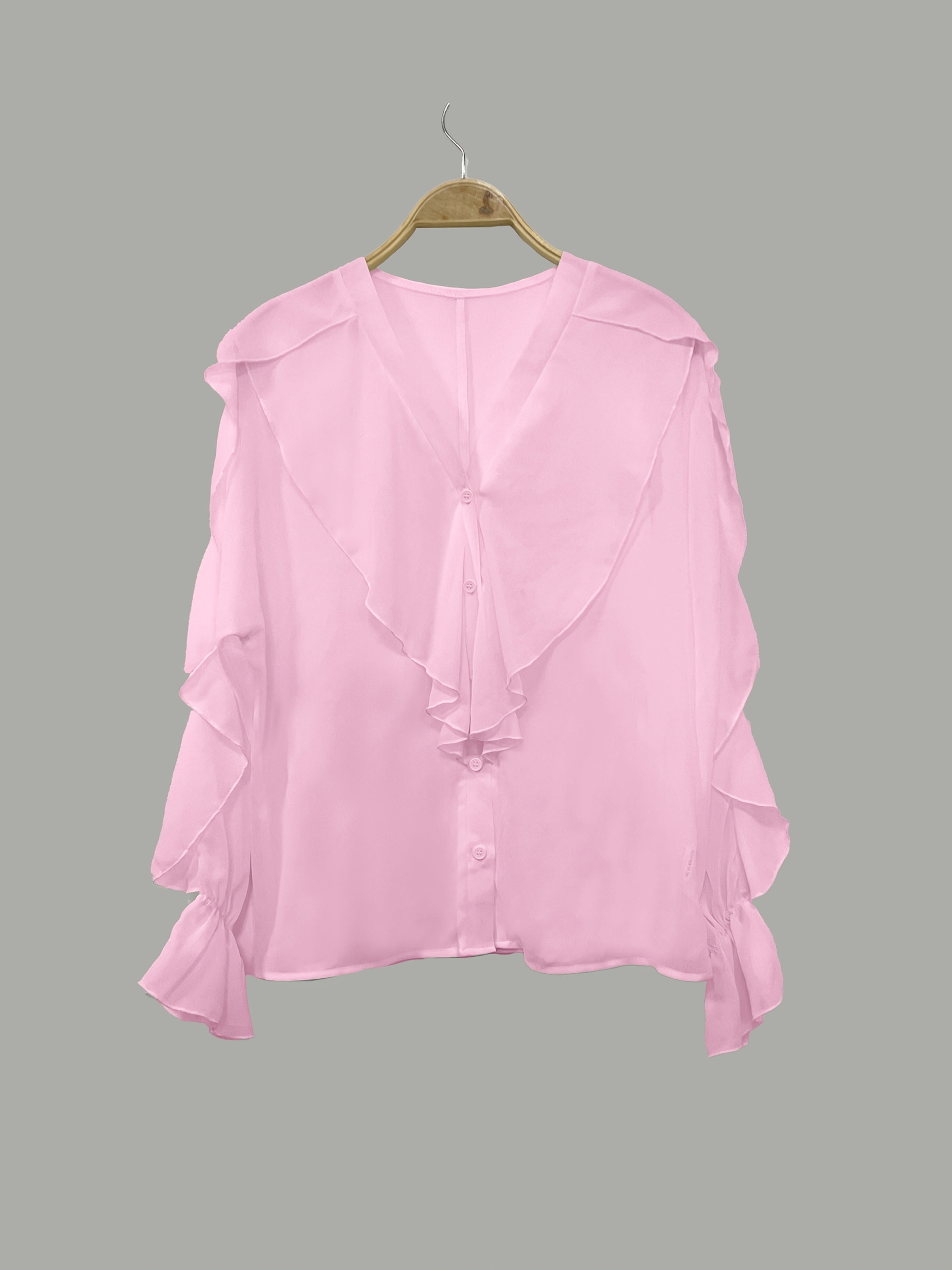 Solid Color Button Front Blouse, Elegant Long Sleeve Ruffle Trim Blouse for Spring & Fall - Women's Clothing - Soft Fabric - For Women - Suitable for Casual & Formal Occasions - Perfect Gift for Her