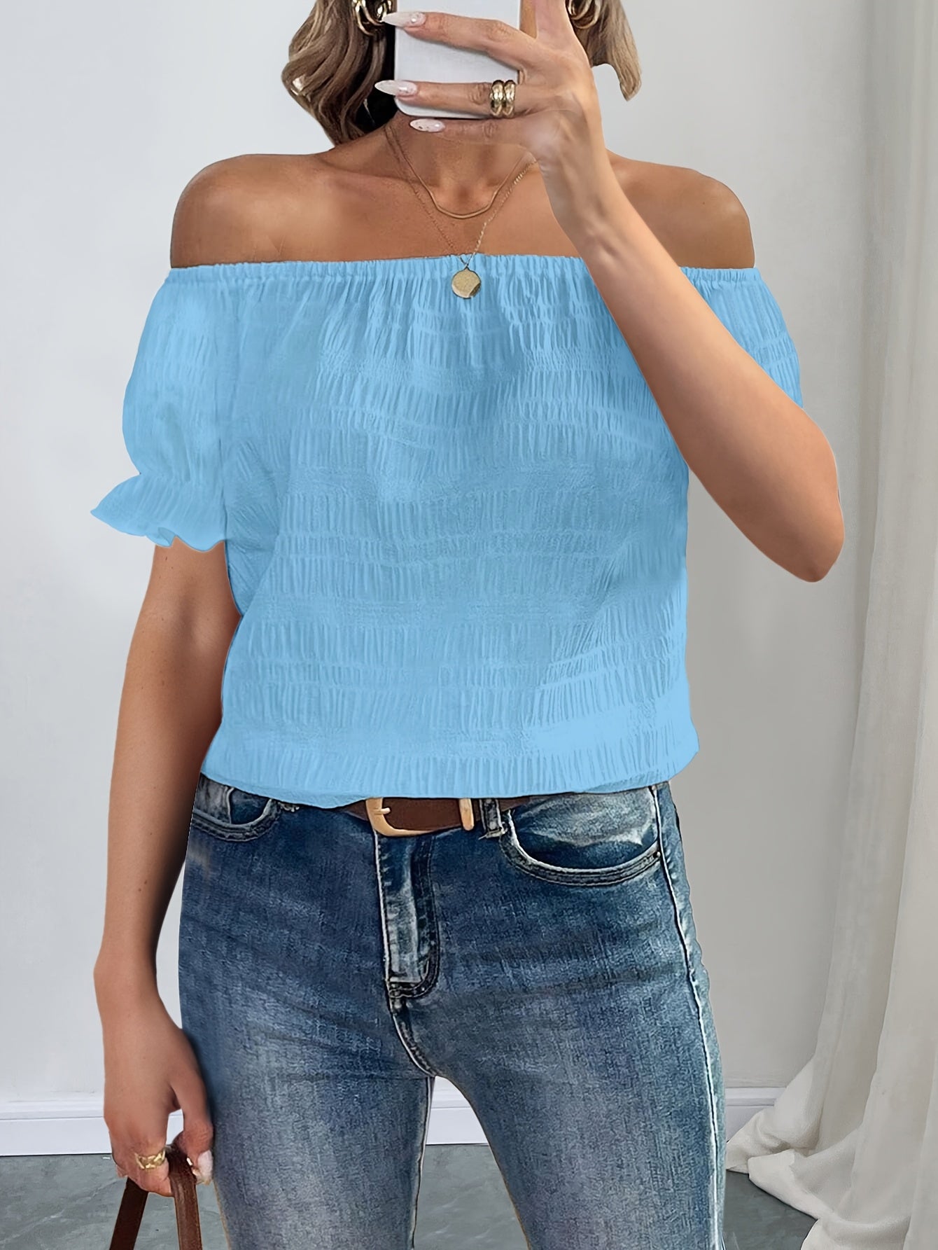 French Elegant Women's Casual Pleated Off-the-Shoulder Short Sleeve Top Summer Dress