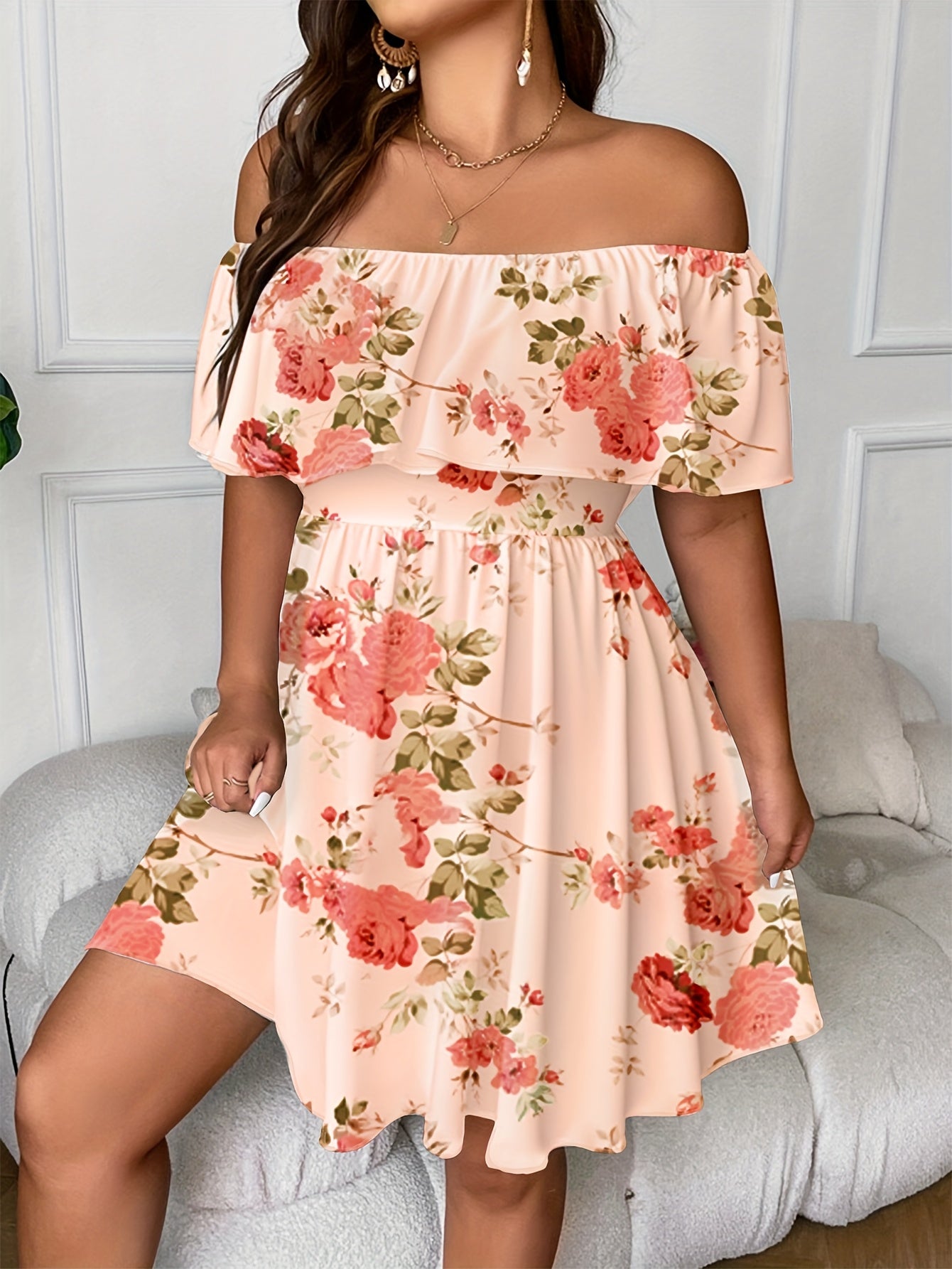 Elegant Off-Shoulder Floral Print Midi Dress for Women - Peach with Pink & Green Floral Design, Ruffled Hem, Perfect for Spring\u002FSummer, Casual to Formal Wear, Casual Summer Dress | Offshoulder Fashion | Ruffled Hem Dress