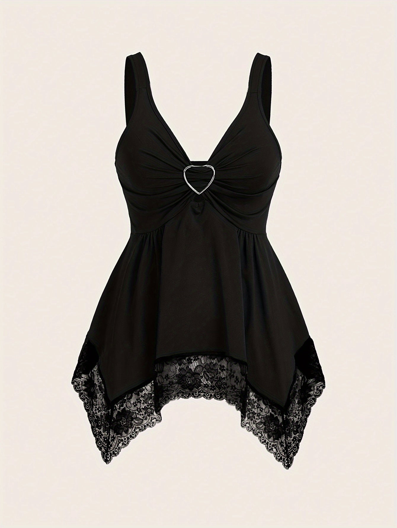 1pc Elegant Lace-Trimmed V-Neck Camisole with Thick Straps - Sexy French Style Knitted Top for Women, Polyester, All Seasons
