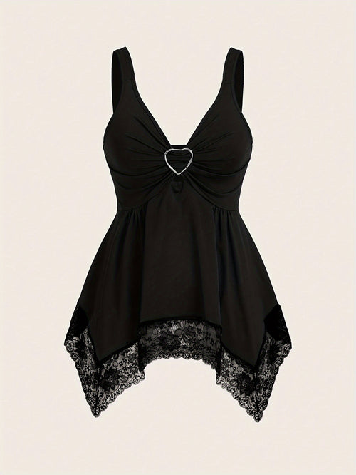 1pc Elegant Lace-Trimmed V-Neck Camisole with Thick Straps - Sexy French Style Knitted Top for Women, Polyester, All Seasons