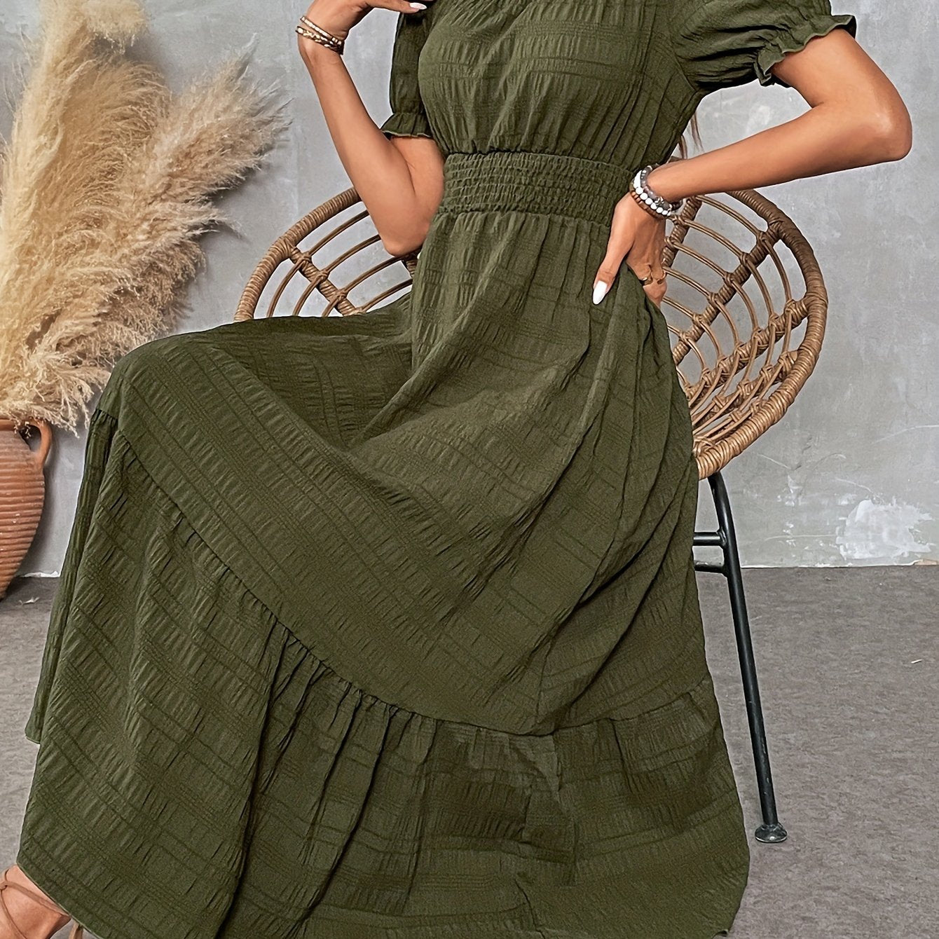 St. Patrick's Summer Round Neck Design Ruffle Sleeve Maxi Dress