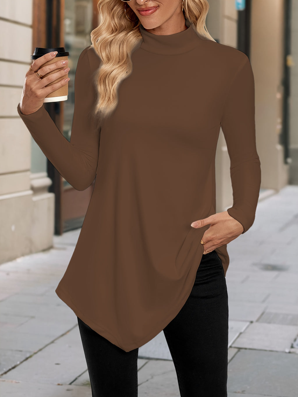 Women's High-Neck Asymmetrical Hem Long Sleeve Top - Stretchy Solid Color Casual Chic Shirt, All-Season Machine Washable & Dry Cleanable, Everyday Fashion, Highneck Design, Stretchy Fabric