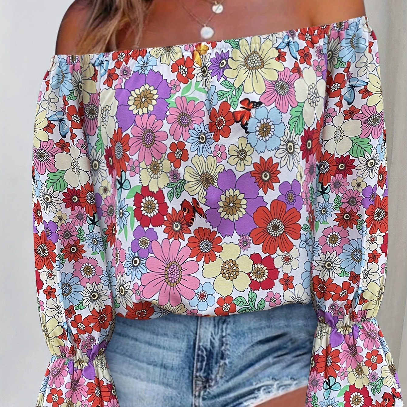 Women's Summer Floral Print Off-Shoulder Long Sleeve Blouse - Ruffled Sleeve Edges, Vibrant Multicolor Flowers on White, Machine Washable Lightweight Top for Spring\u002FSummer Casual & Resort Wear, Cute Summer Tops