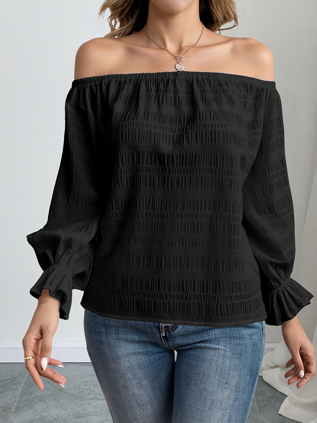Solid Color Casual Elegant Pleated Off-Shoulder Long Sleeve Shirt Summer Wear