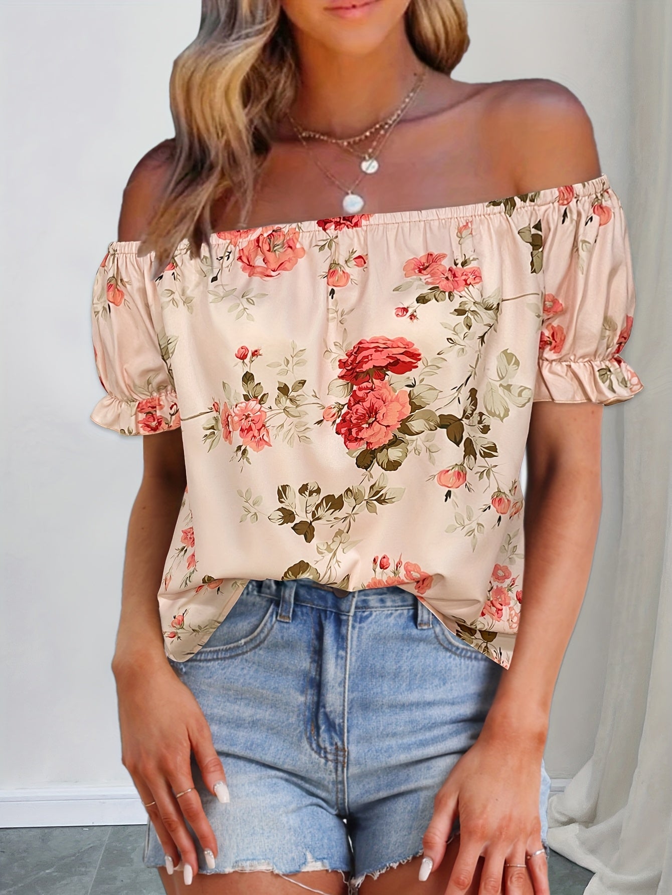 Women's French-Inspired Off-the-Shoulder Top - Elegant Ruffled Short Sleeve Blouse with Floral Print, Lightweight 100% Polyester, Machine Washable for Spring\u002FSummer Casual & Semi-Formal Outfits