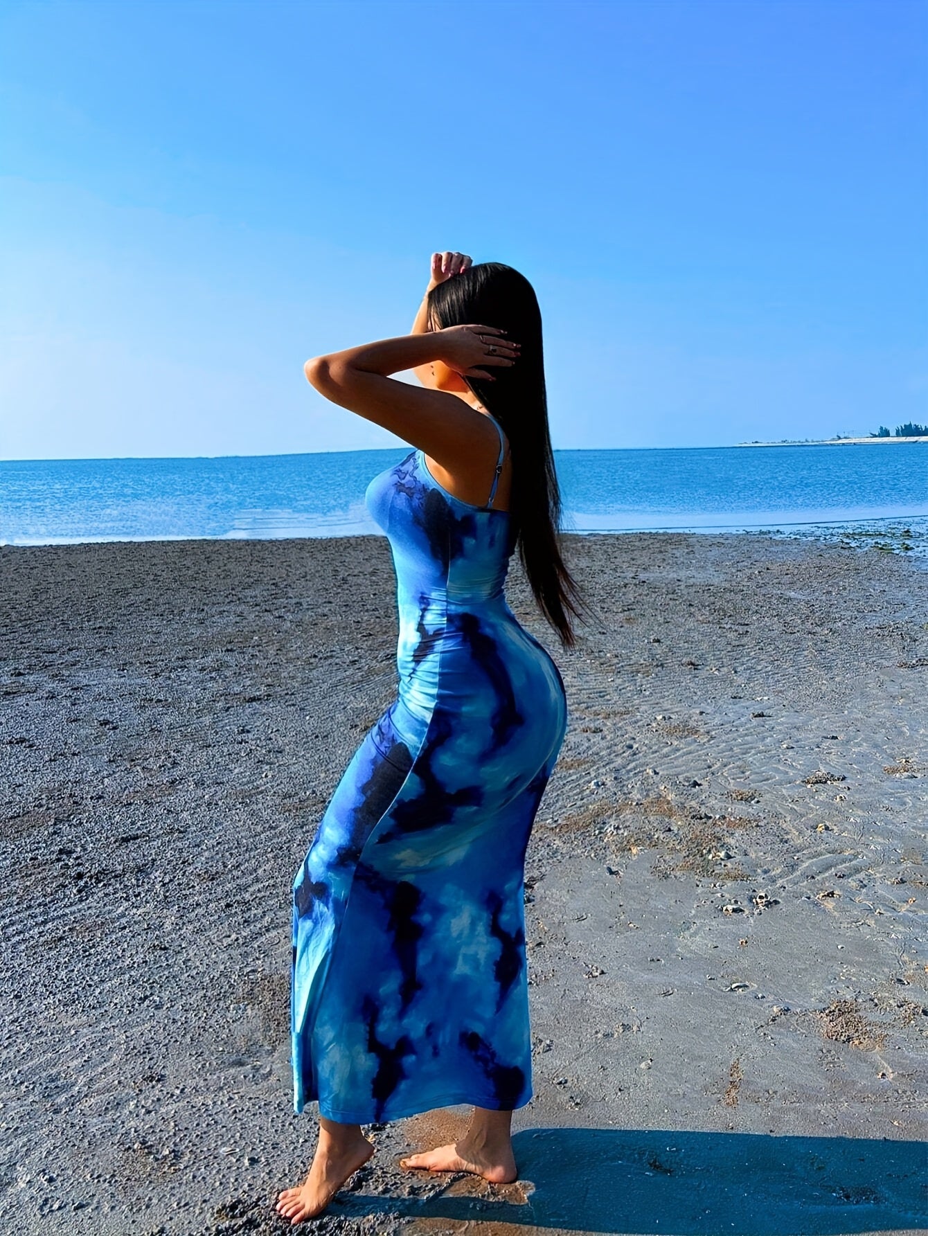 Elegant Off-Shoulder Blue Tie-Dye Maxi Dress - Sleeveless, Bodycon, Long Length, Perfect for Summer Beach Vacations, Beach Dress