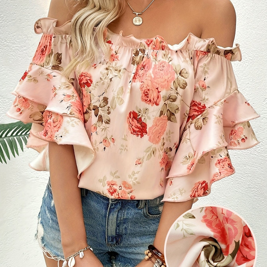 Women'S Floral Off-Shoulder Ruffle Top - Pink with Peach and Green Floral Print, Short Sleeves, Perfect for Spring\u002FSummer, Casual Summer Top|Floral Print Top|Ruffle Detail Top