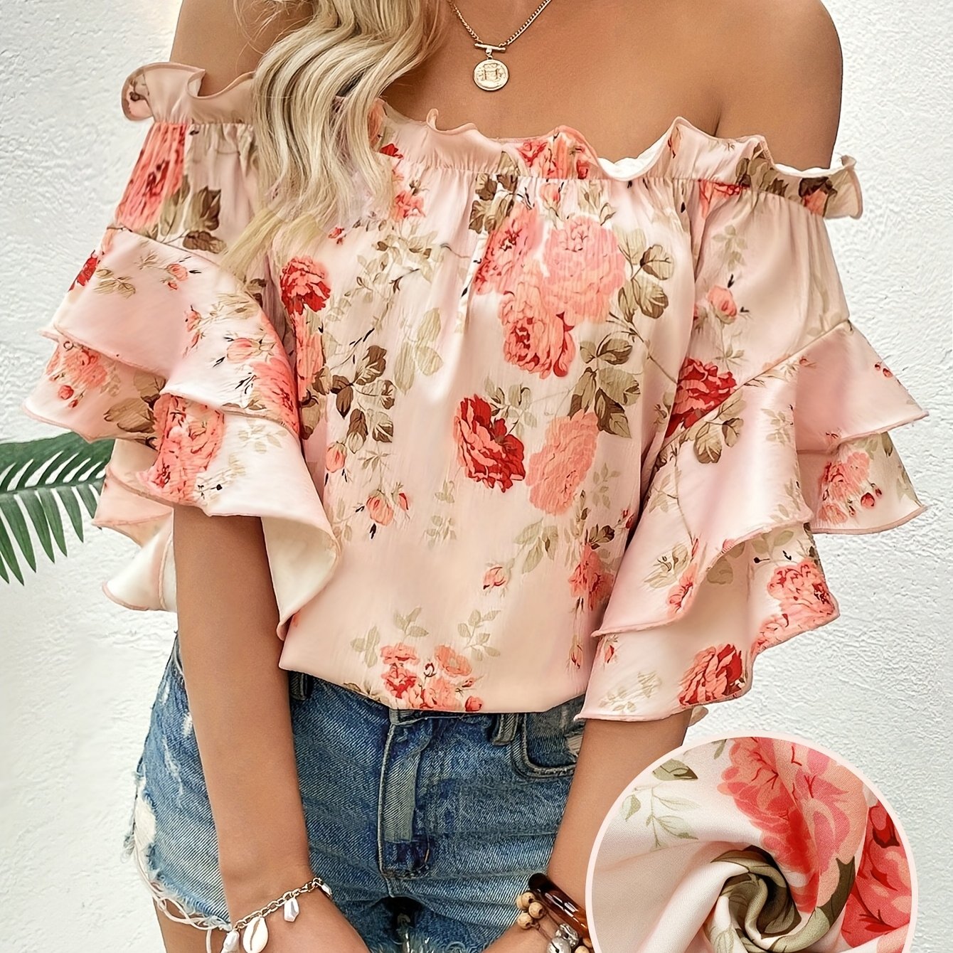 Women'S Floral Off-Shoulder Ruffle Top - Pink with Peach and Green Floral Print, Short Sleeves, Perfect for Spring\u002FSummer, Casual Summer Top|Floral Print Top|Ruffle Detail Top
