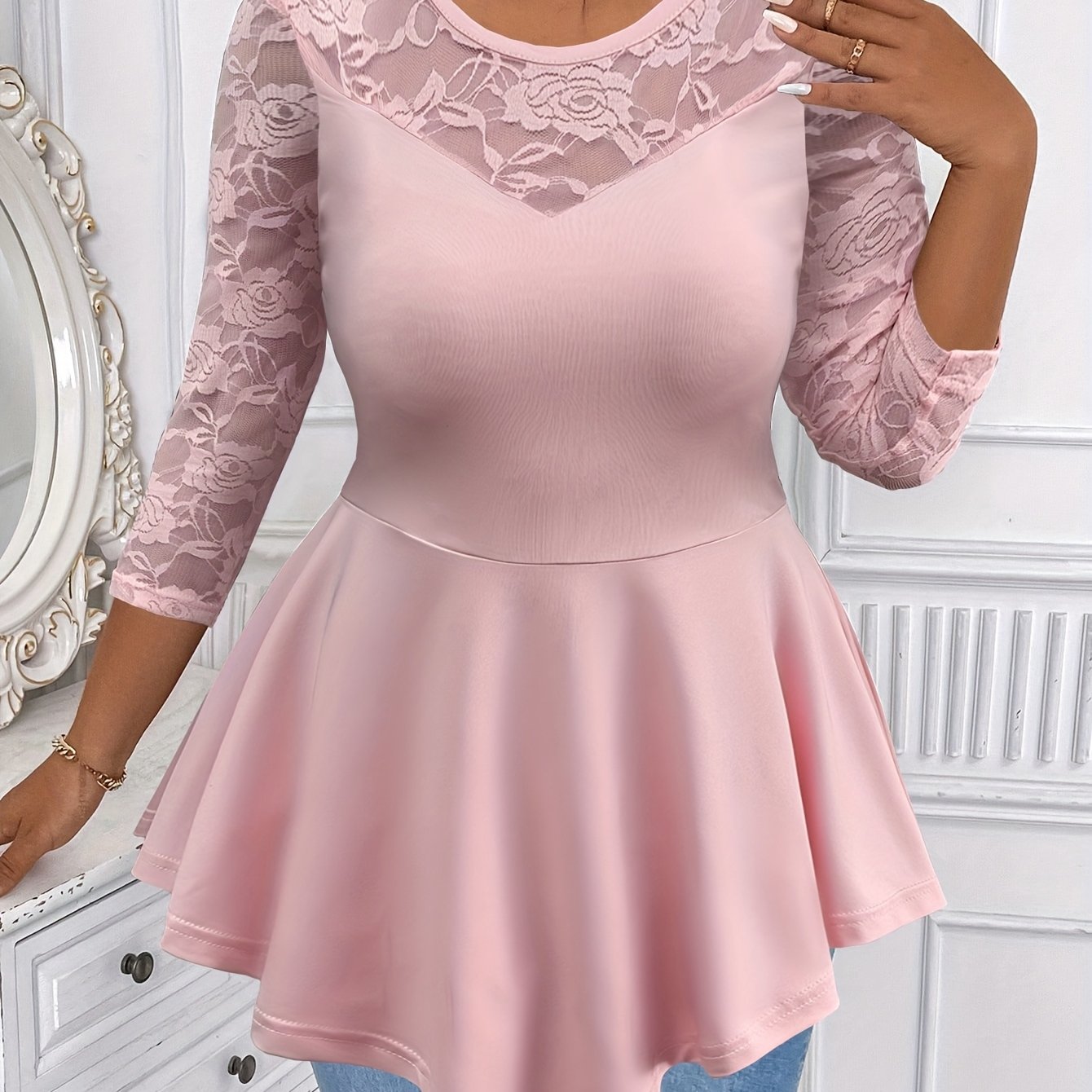 Women'S Irregular Long-Sleeve Top with Floral Lace And a Round Neckline.