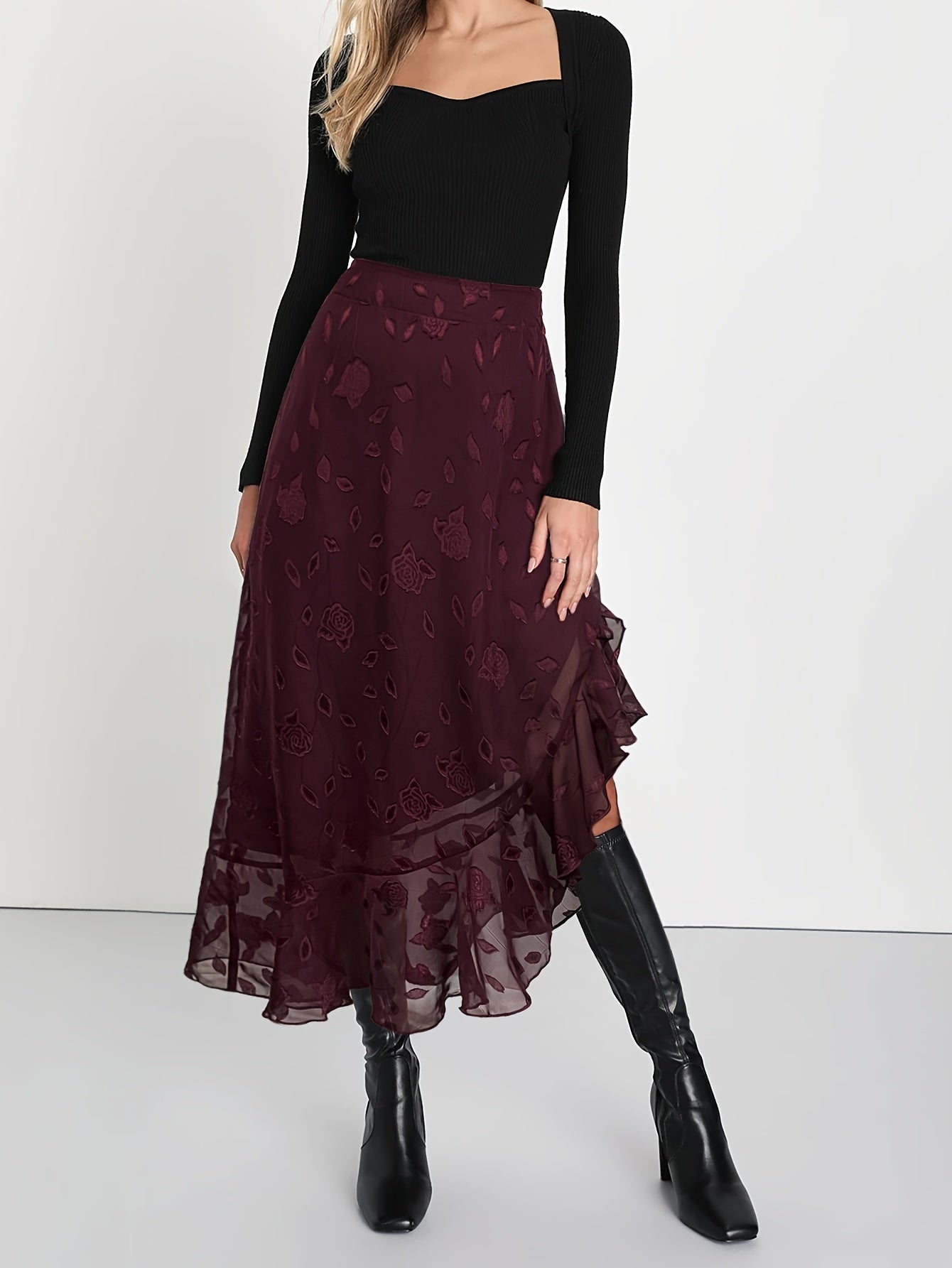 Women'S Elegant Maroon Jacquard Ruffle Hem Skirt - High-Waisted, Flowing A-Line Design, Off-Shoulder Ruffle Detail, Polyester, All-Season Wear, Casual Chic Outfit | Asymmetrical Skirt | Ruffle Hem