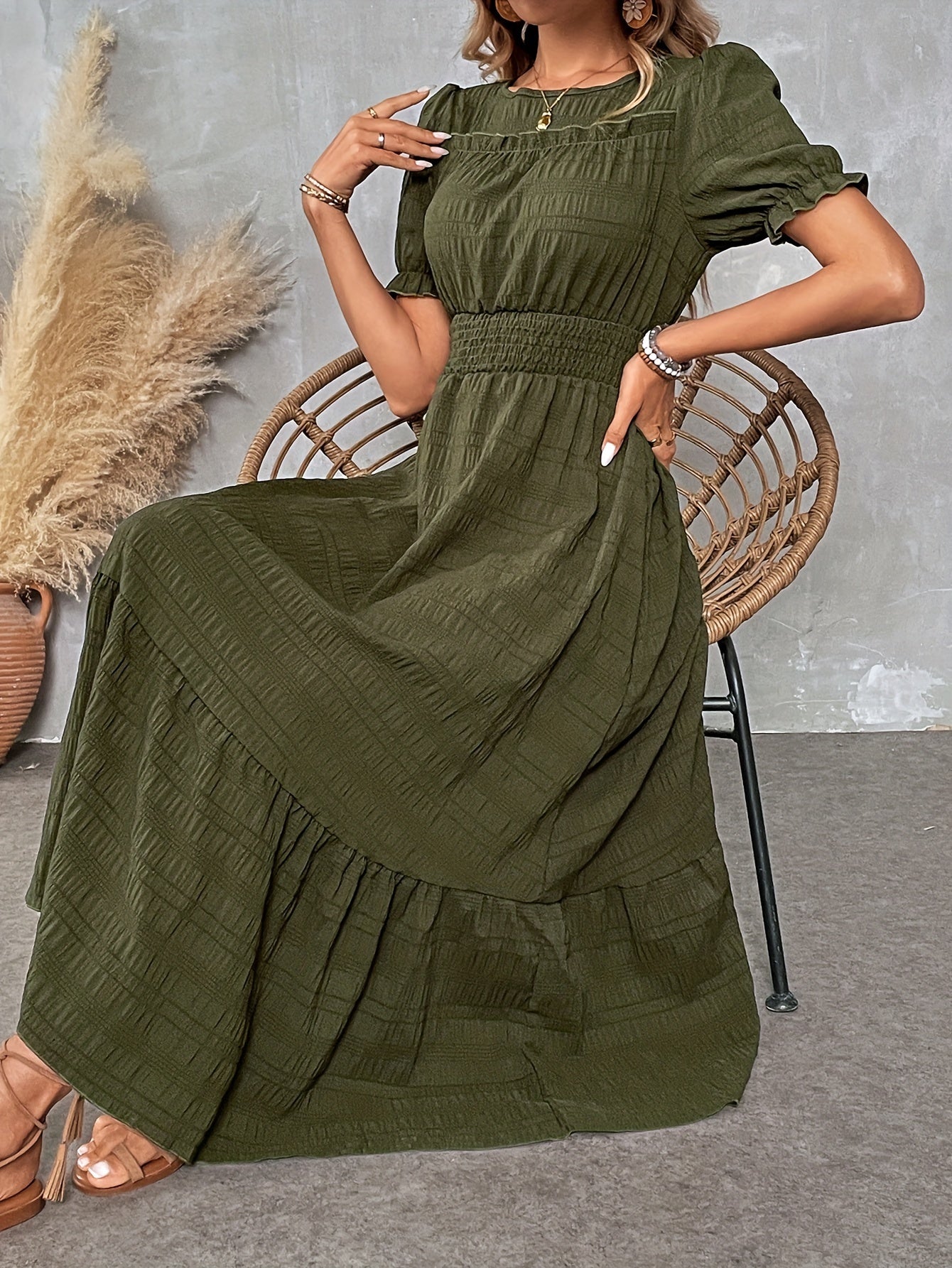 St. Patrick's Summer Round Neck Design Ruffle Sleeve Maxi Dress