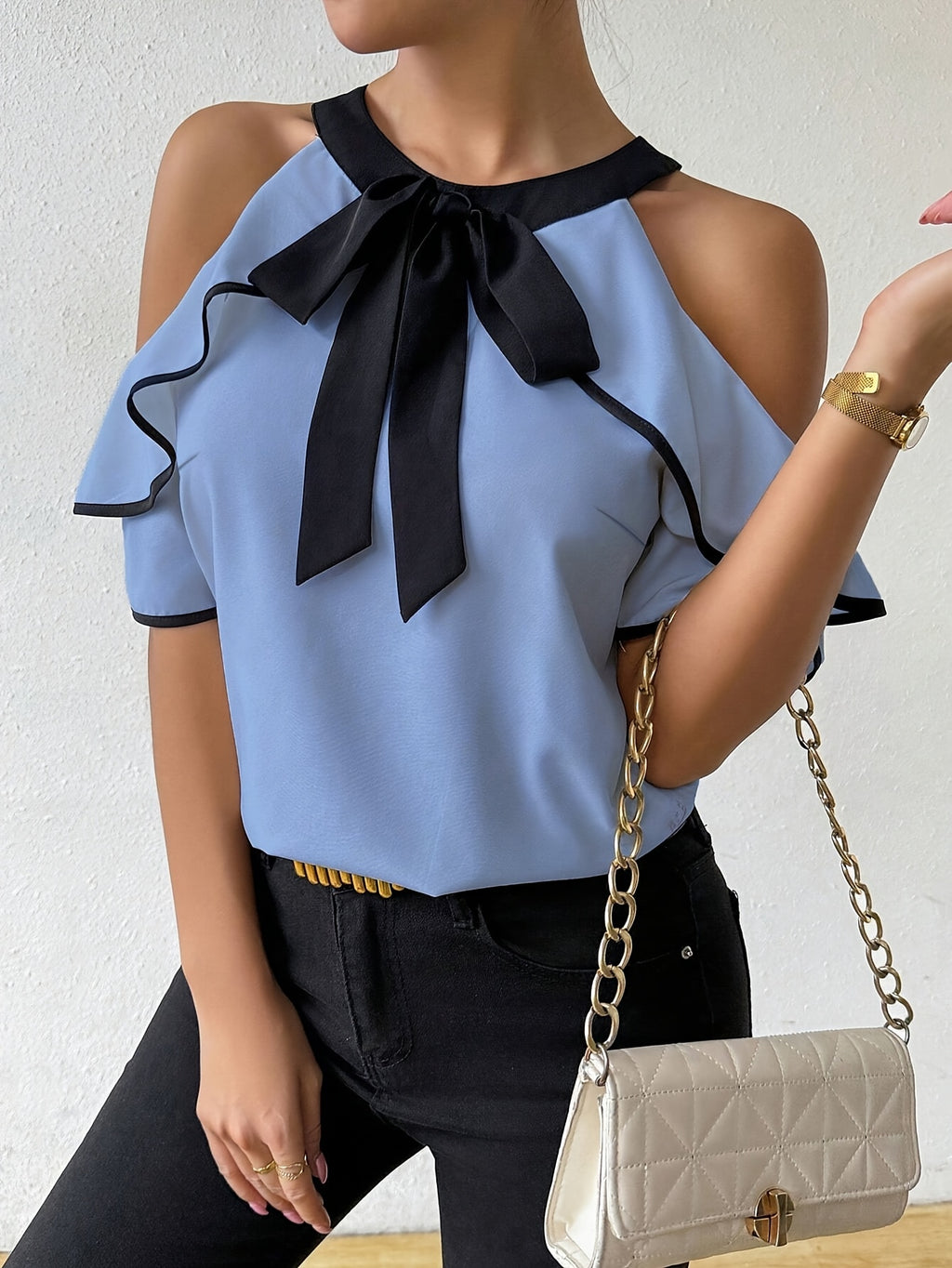 Elegant Off-Shoulder Bowknot Blouse with Ruffle Detail - Blue & Black, Short Sleeve, Crew Neck, Perfect for Spring\u002FSummer, Women'S Fashion Top|Elegant Offshoulder|Bowknot Detailing