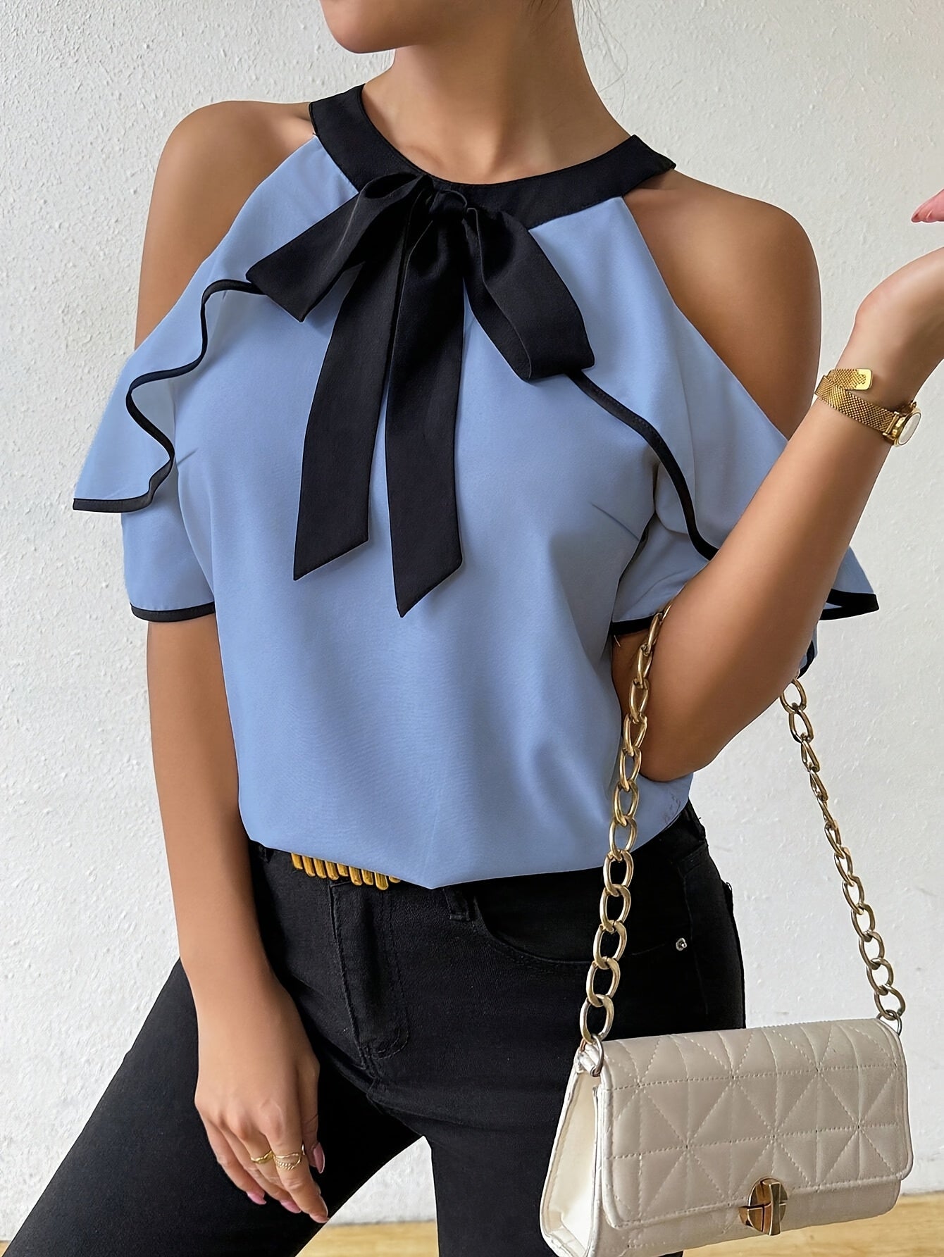 Elegant Off-Shoulder Bowknot Blouse with Ruffle Detail - Blue & Black, Short Sleeve, Crew Neck, Perfect for Spring\u002FSummer, Women'S Fashion Top|Elegant Offshoulder|Bowknot Detailing