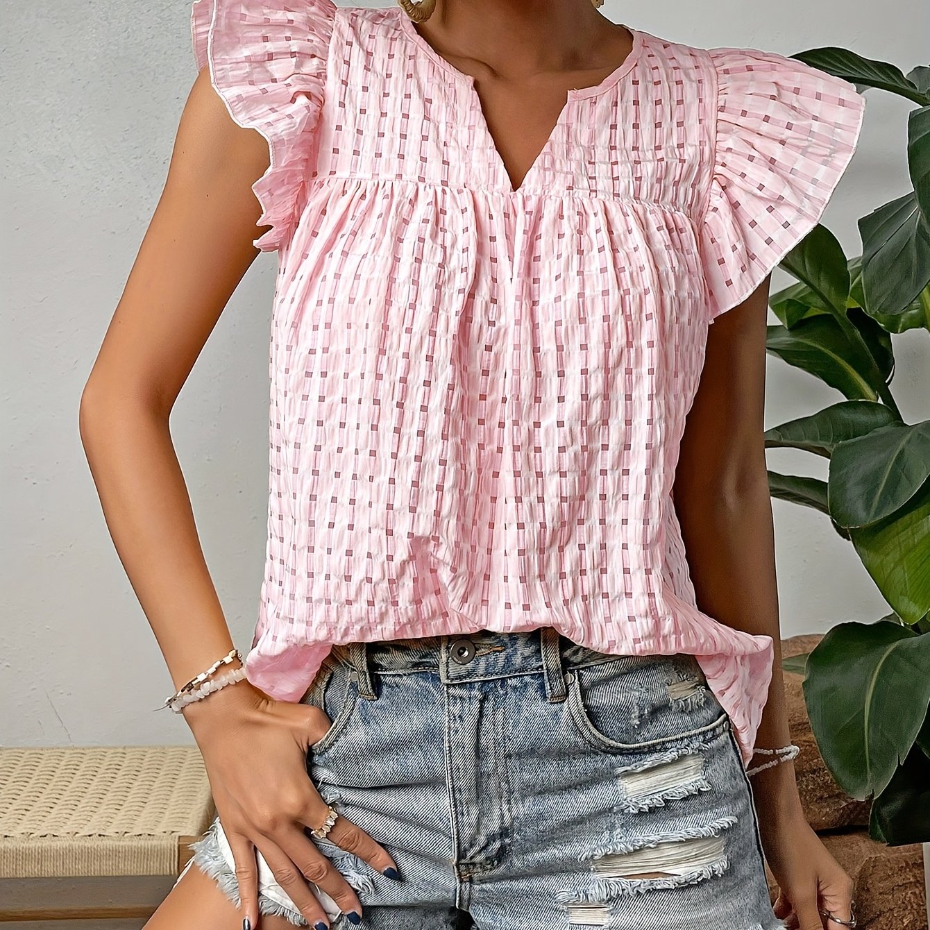 Elegant French-Inspired V-Neck Blouse with Ruched Detail - Sleeveless, Button-Up Top for Women, Light Pink, Perfect for Spring\u002FSummer Casual Wear, Casual Summer Wear | Ruched Texture Top | Buttonup Top, Ladies Blouses