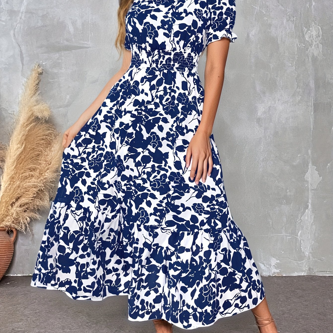 Elegant Floral Print Crew Neck Short Sleeve A-Line Pendulum Dress, Long Length, for Adult