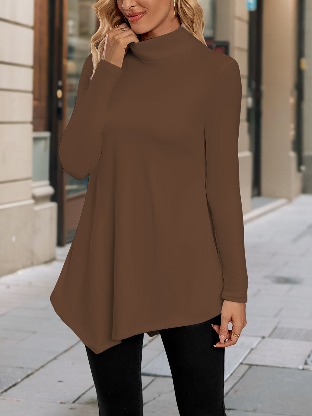 Women's High-Neck Asymmetrical Hem Long Sleeve Top - Stretchy Solid Color Casual Chic Shirt, All-Season Machine Washable & Dry Cleanable, Everyday Fashion, Highneck Design, Stretchy Fabric