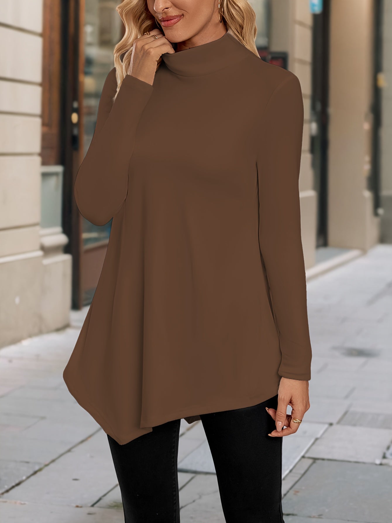Women's High-Neck Asymmetrical Hem Long Sleeve Top - Stretchy Solid Color Casual Chic Shirt, All-Season Machine Washable & Dry Cleanable, Everyday Fashion, Highneck Design, Stretchy Fabric
