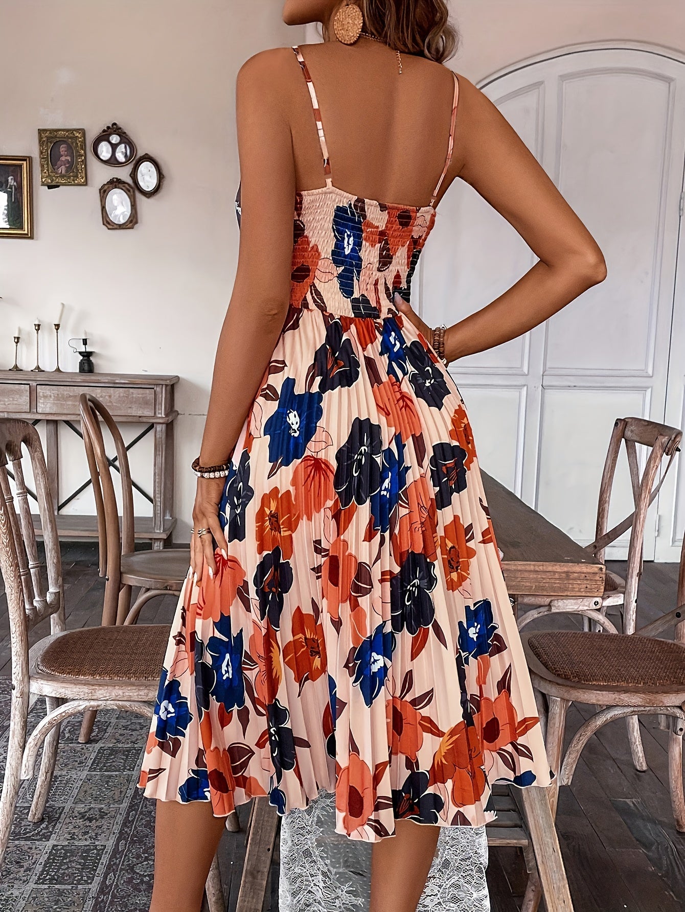 Summer Vacation Women's Printed Design Pleated Hem Camisole Dress