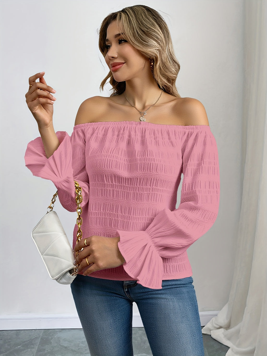 Solid Color Casual Elegant Pleated Off-Shoulder Long Sleeve Shirt Summer Wear