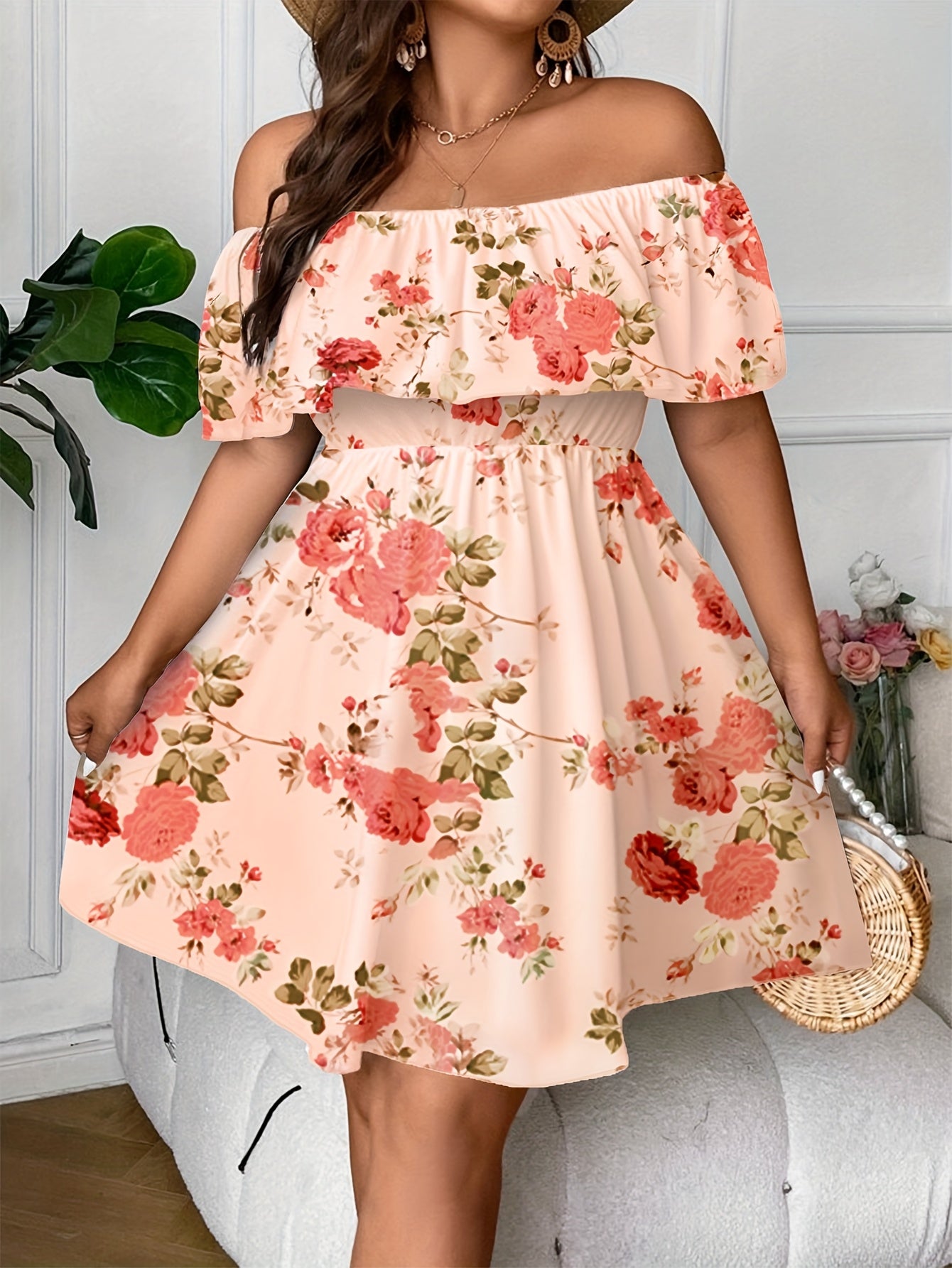 Elegant Off-Shoulder Floral Print Midi Dress for Women - Peach with Pink & Green Floral Design, Ruffled Hem, Perfect for Spring\u002FSummer, Casual to Formal Wear, Casual Summer Dress | Offshoulder Fashion | Ruffled Hem Dress