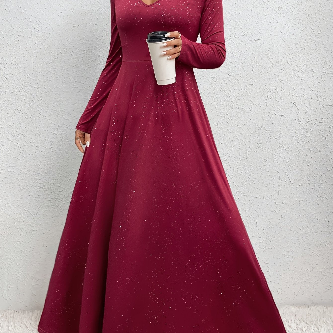 Elegant Maroon V-Neck Long Sleeve Maxi Dress for Women - Stretchy Polyester & Spandex Blend, High Elasticity, A-Line Silhouette, Machine Washable, All-Season Wear