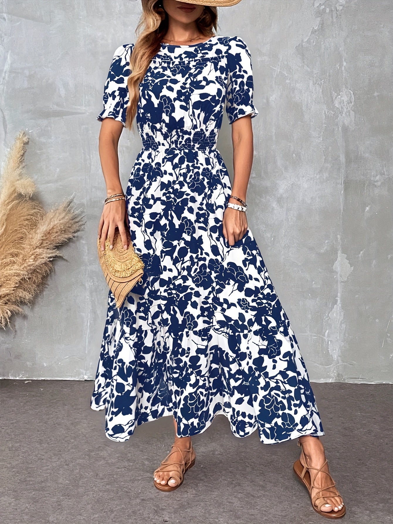 Elegant Floral Print Crew Neck Short Sleeve A-Line Pendulum Dress, Long Length, for Adult