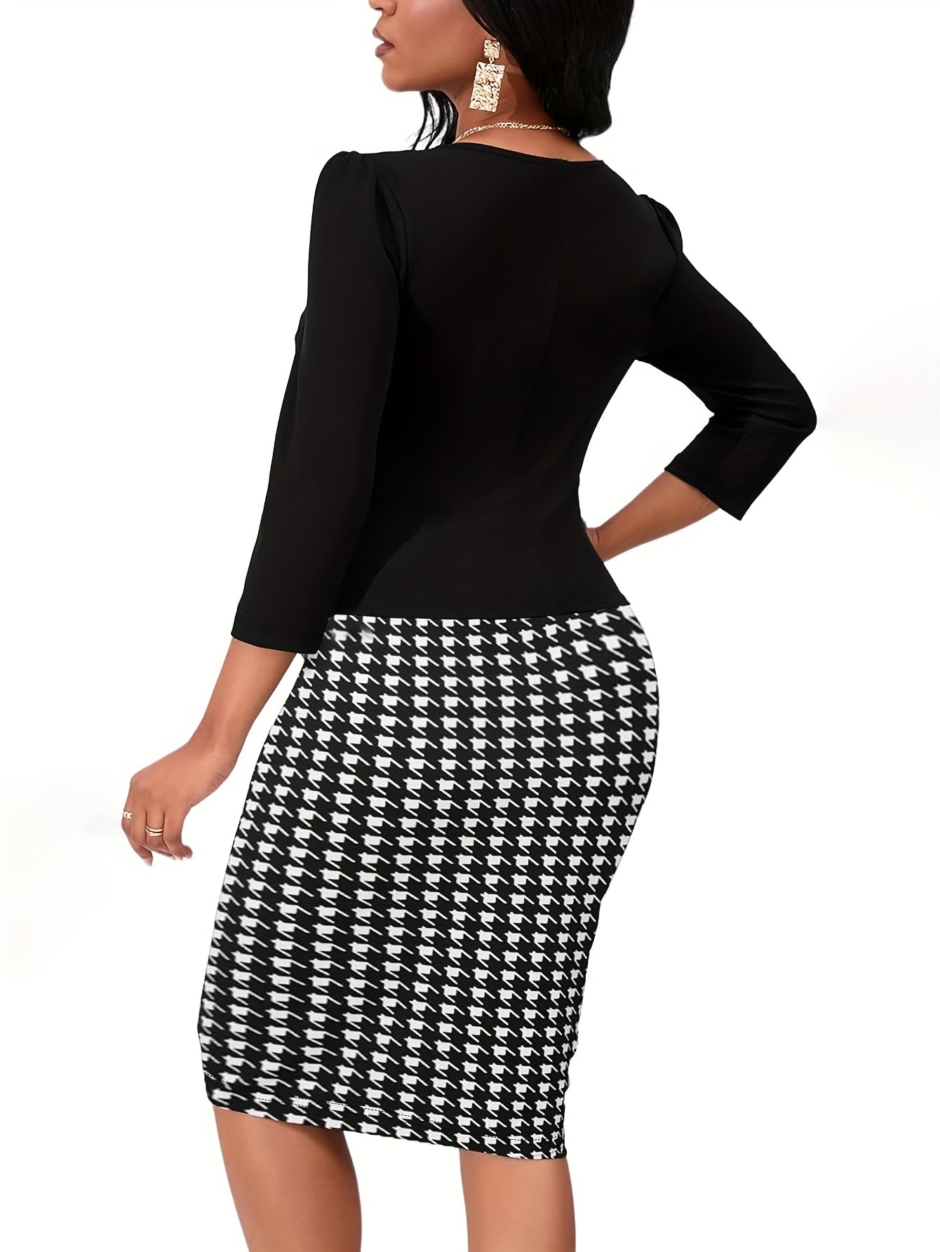 Women's Elegant Houndstooth Print Spliced Dress