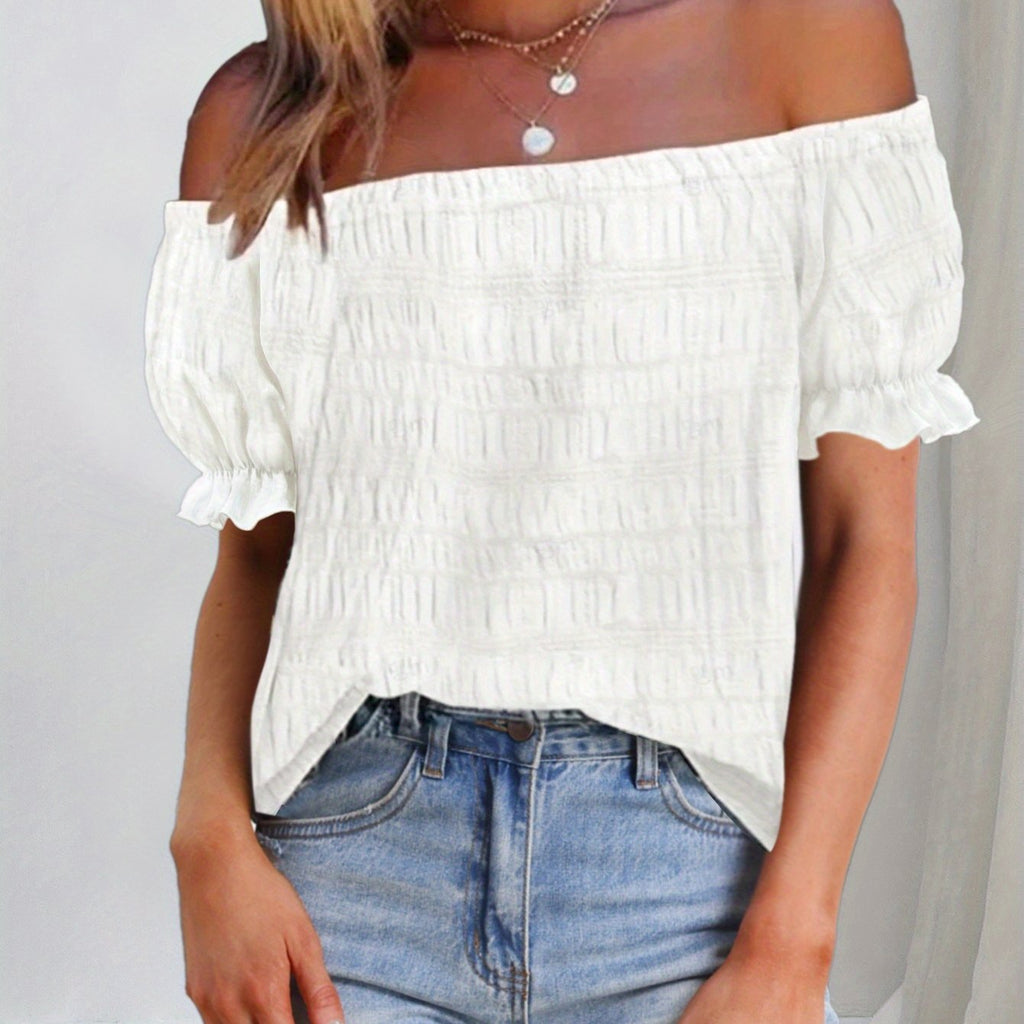 French Elegant Women's Casual Pleated Off-the-Shoulder Short Sleeve Top Summer Dress