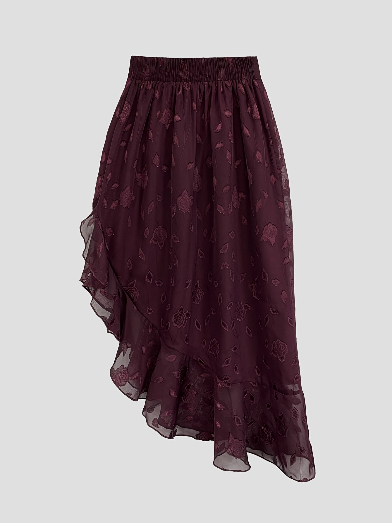 Women'S Elegant Maroon Jacquard Ruffle Hem Skirt - High-Waisted, Flowing A-Line Design, Off-Shoulder Ruffle Detail, Polyester, All-Season Wear, Casual Chic Outfit | Asymmetrical Skirt | Ruffle Hem