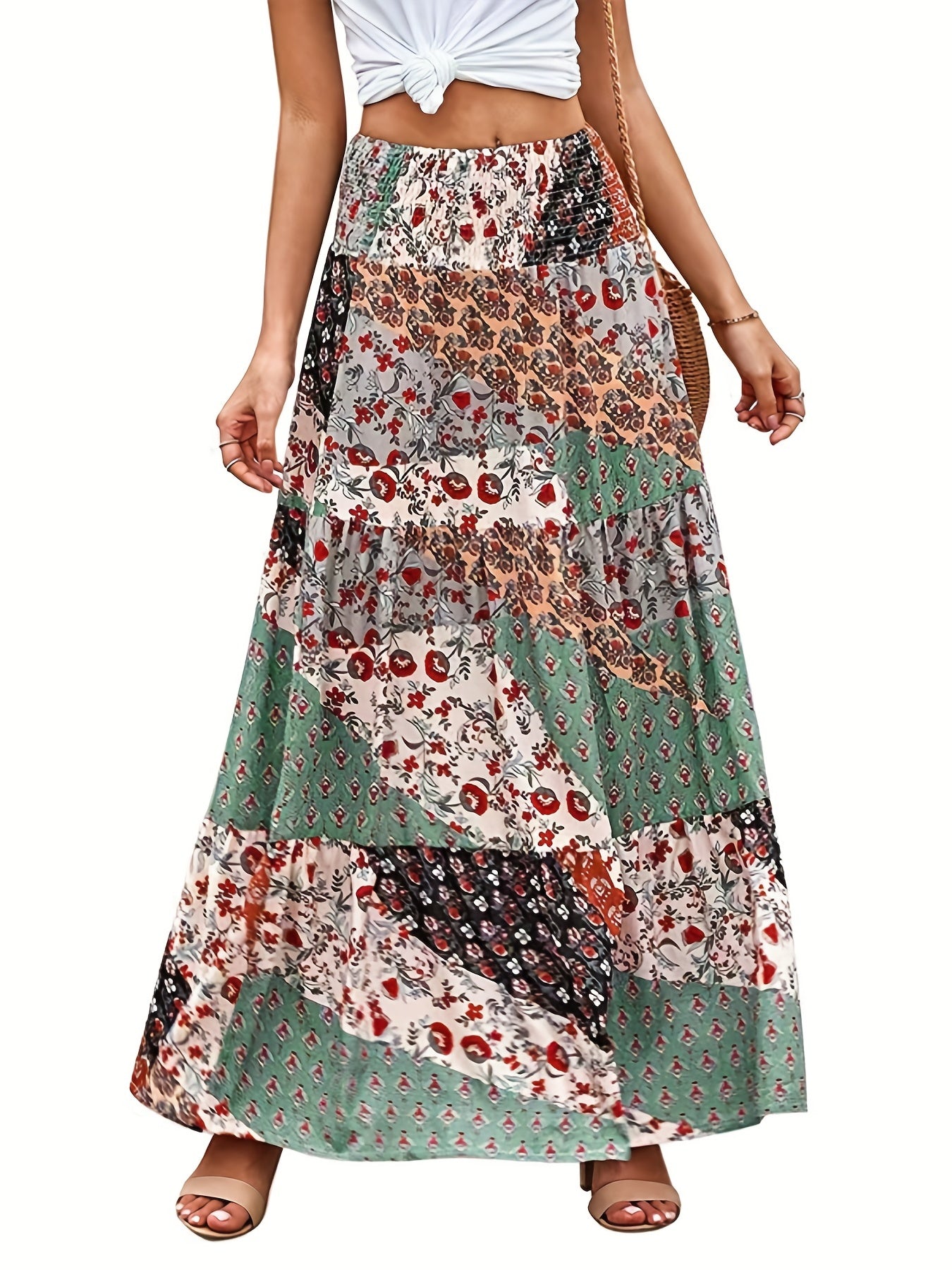 Floral Patchwork Print Shirred Waist Skirt, Boho Skirt For Spring & Summer, Women's Clothing