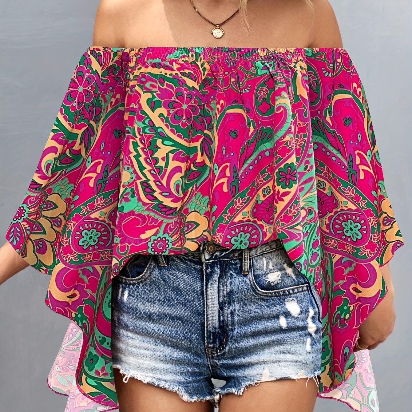 Women'S Off-Shoulder Floral Print Blouse - Vibrant Pink & Green Tropical Design, Ruffled Sleeves, Lightweight Polyester, Perfect for Summer Casual Outings, Ladies Blouses