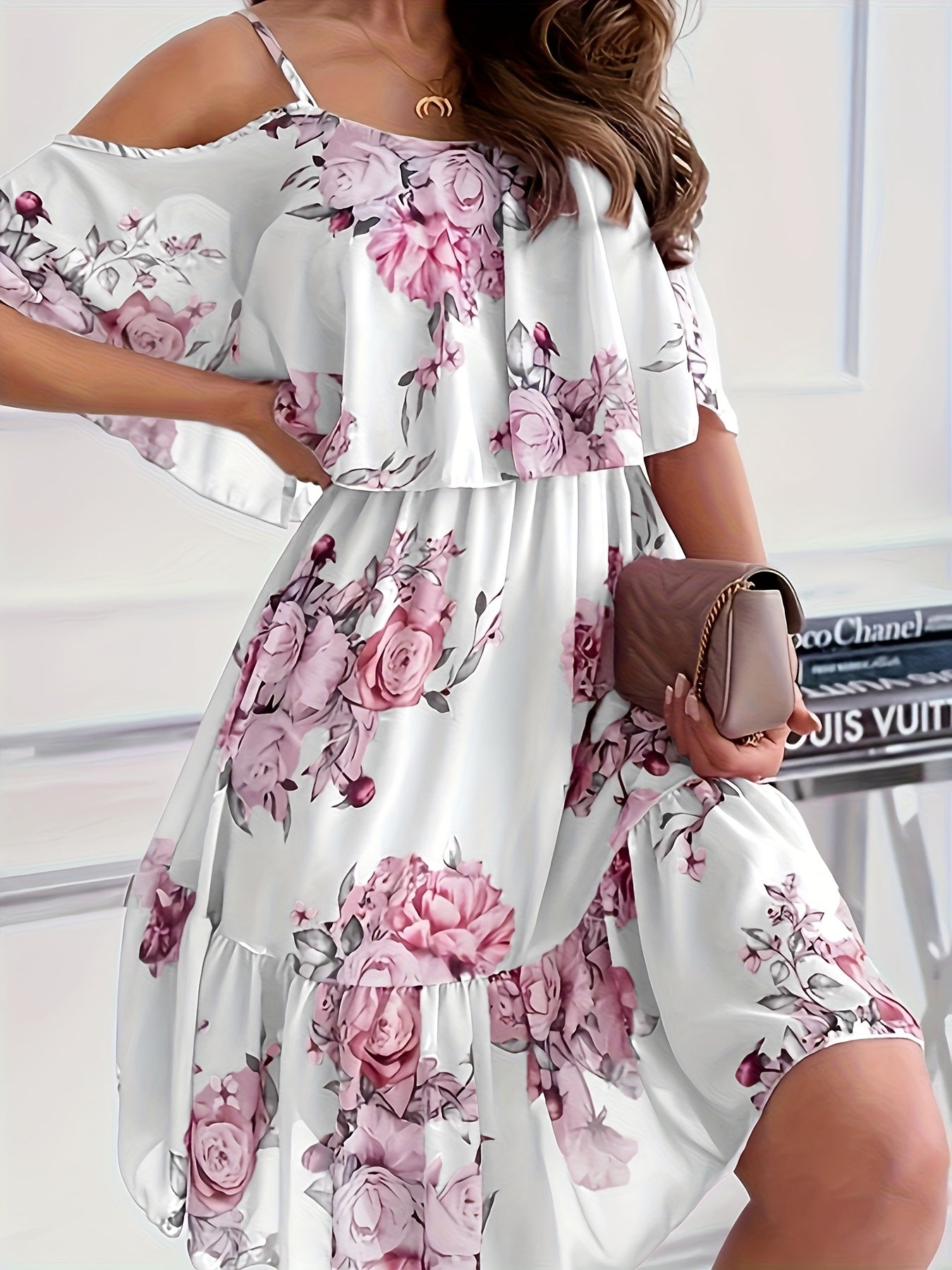 Autumn Sweet Floral Spaghetti Strap One-Shoulder Ruffle Hem Short Chiffon Fairy Dress New Arrival