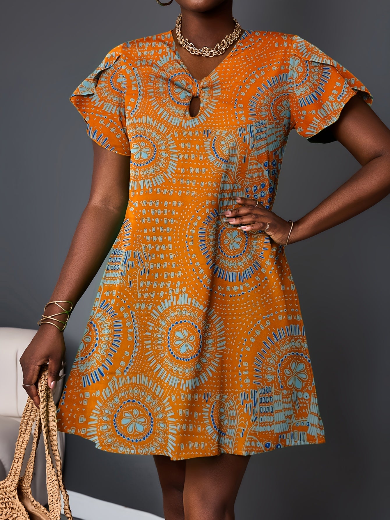 Summer New Twisted Design Short Sleeve Printed Dress