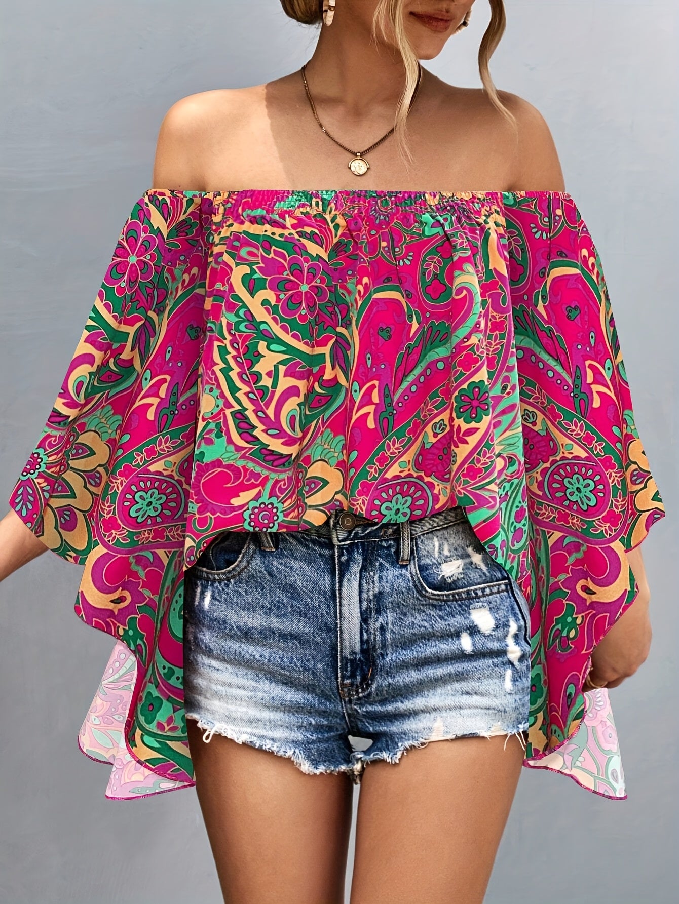 Women'S Off-Shoulder Floral Print Blouse - Vibrant Pink & Green Tropical Design, Ruffled Sleeves, Lightweight Polyester, Perfect for Summer Casual Outings, Ladies Blouses