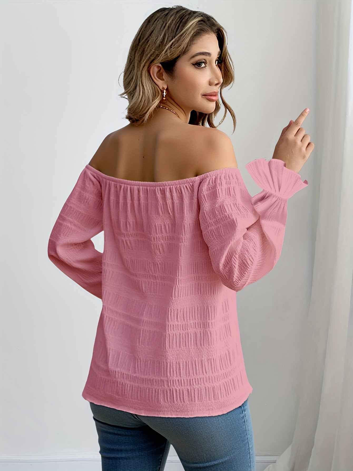 Solid Color Casual Elegant Pleated Off-Shoulder Long Sleeve Shirt Summer Wear