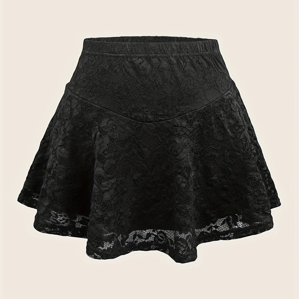 Women'S Elegant Black Lace Trim A-Line Skirt - High-Waisted, Stretchy Polyester Blend, Perfect for Summer Parties & Vacations, Vacation Attire | Highwaisted Skirt | Polyester Blend