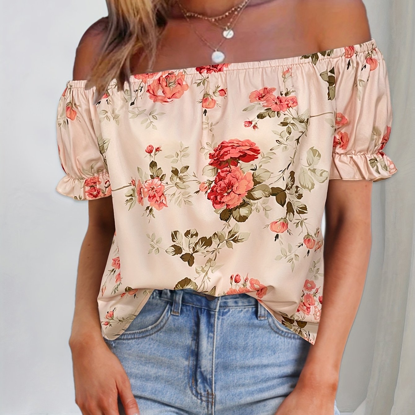 Women's French-Inspired Off-the-Shoulder Top - Elegant Ruffled Short Sleeve Blouse with Floral Print, Lightweight 100% Polyester, Machine Washable for Spring\u002FSummer Casual & Semi-Formal Outfits