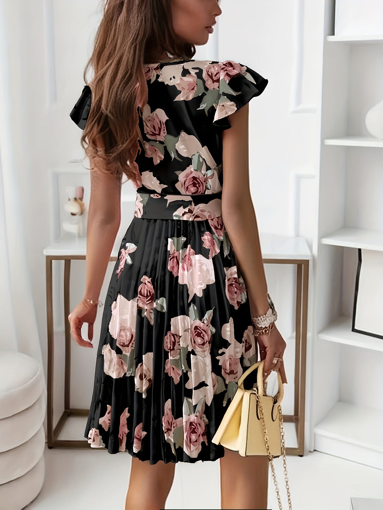Women's Floral Print V-Neck Sleeveless A-Line Dress with Adjustable Waist Belt & Pleated Detail - Knee-Length Summer Dress in Pink, Machine Washable for Spring\u002FSummer Casual or Formal Occasions, No Stretch Fabric
