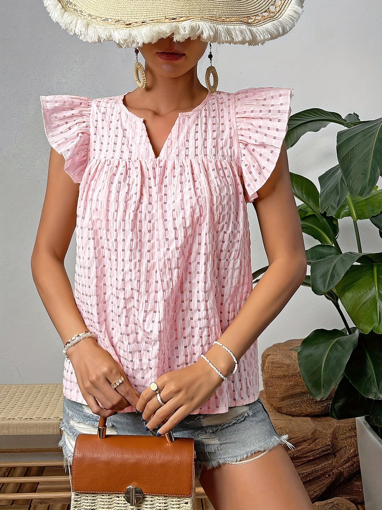Elegant French-Inspired V-Neck Blouse with Ruched Detail - Sleeveless, Button-Up Top for Women, Light Pink, Perfect for Spring\u002FSummer Casual Wear, Casual Summer Wear | Ruched Texture Top | Buttonup Top, Ladies Blouses