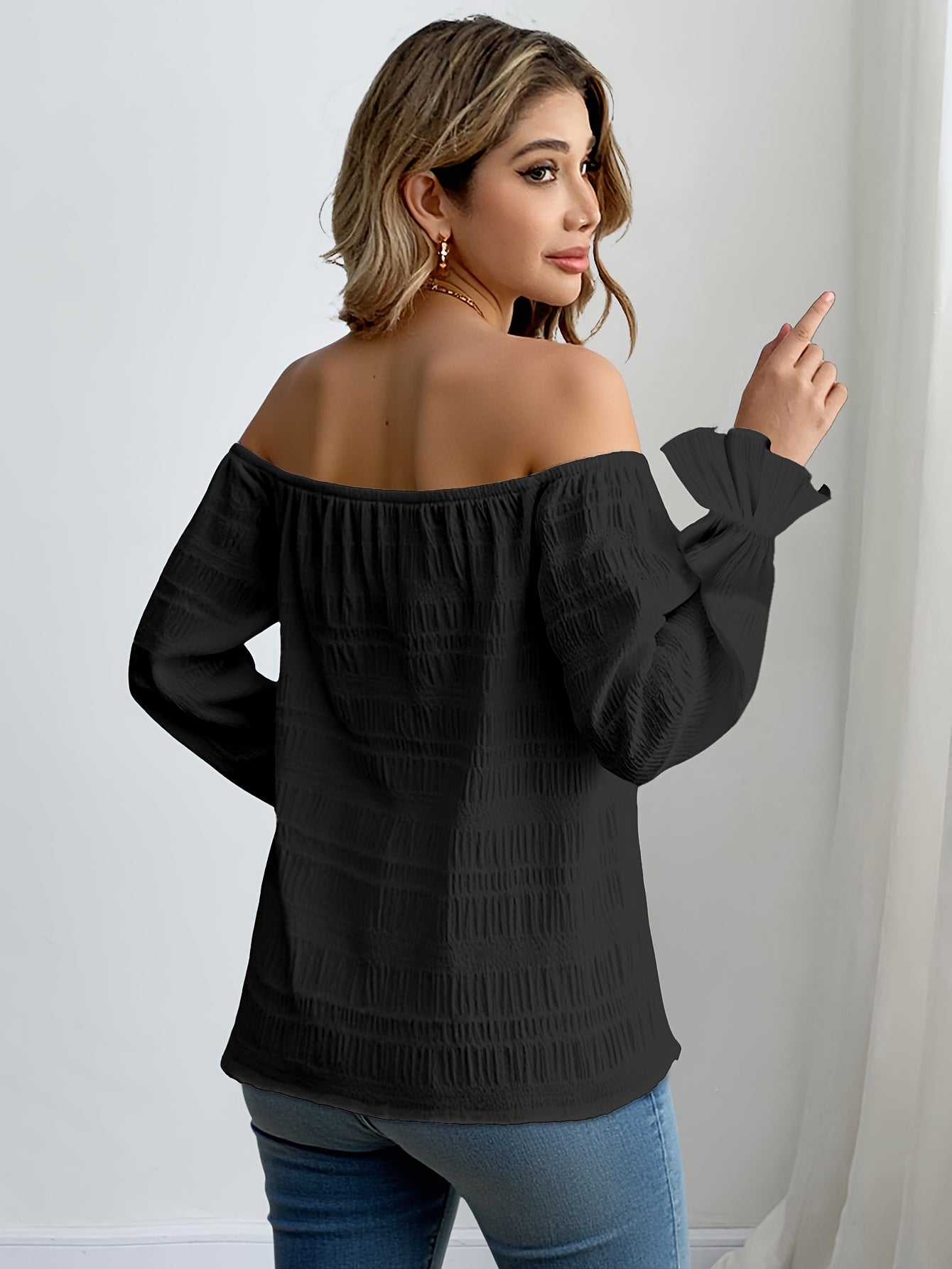 Solid Color Casual Elegant Pleated Off-Shoulder Long Sleeve Shirt Summer Wear